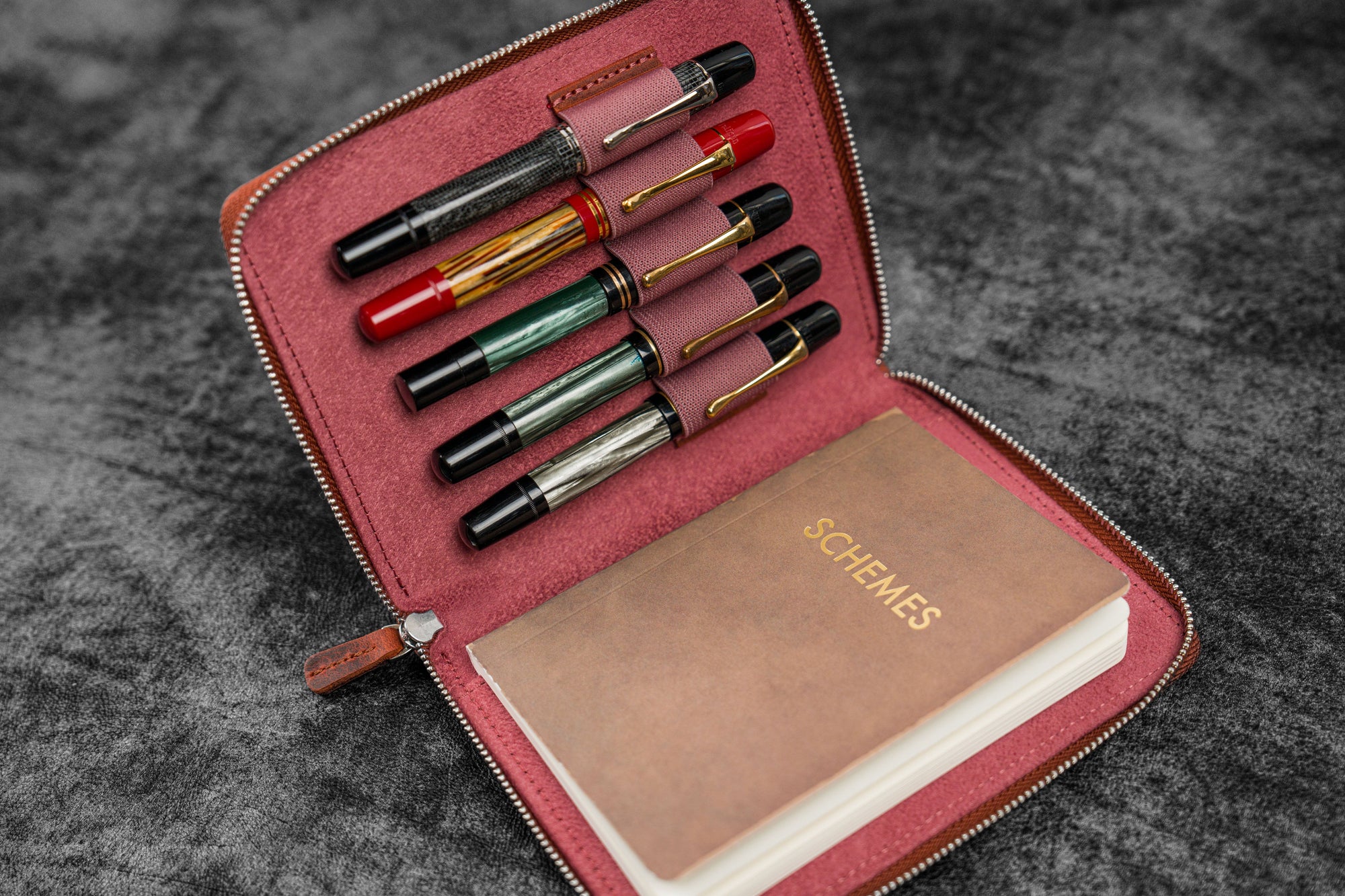 Leather Zippered 5 Slots Pen Case - Crazy Horse Orange