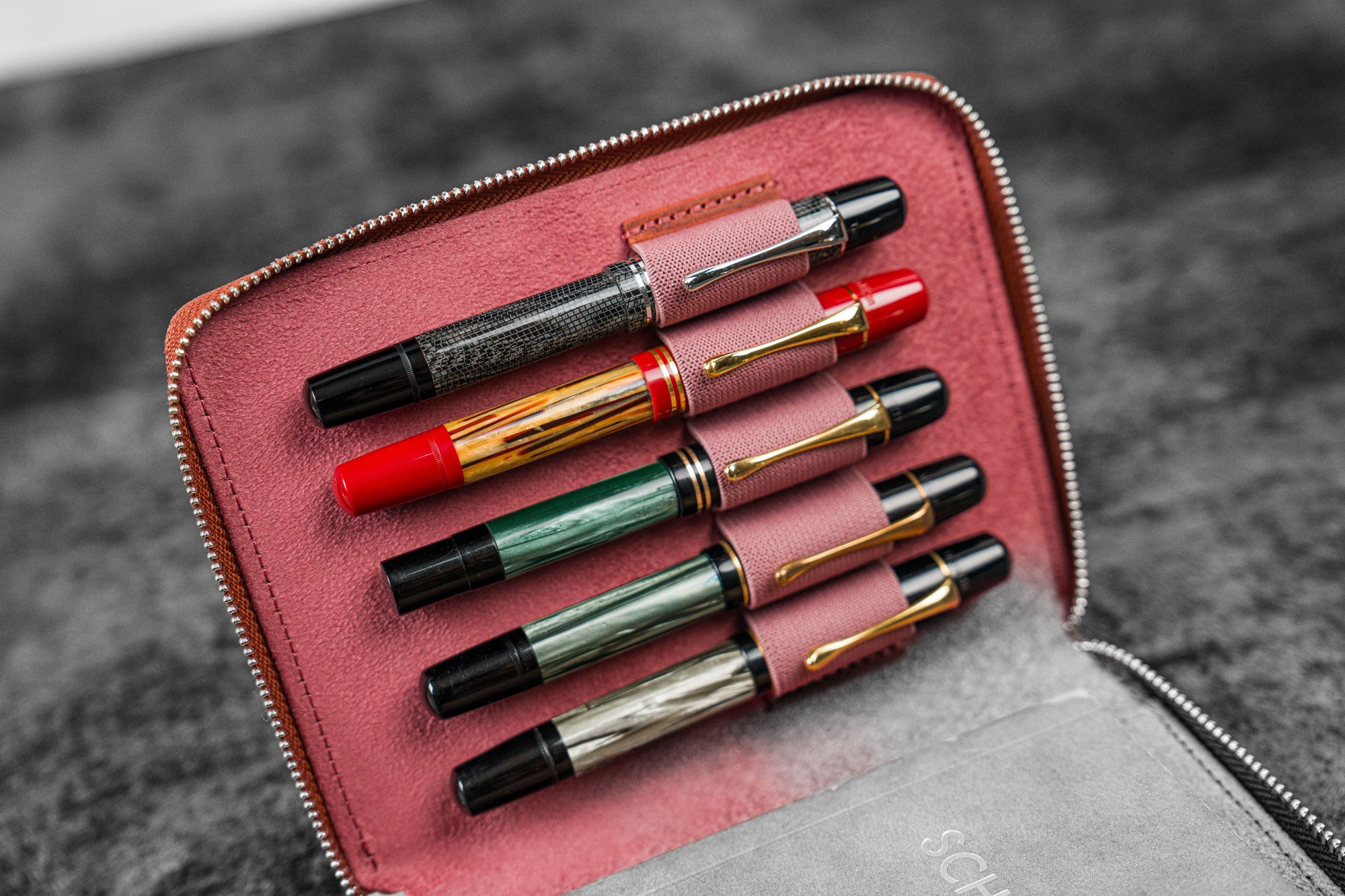 Leather Zippered 5 Slots Pen Case - Crazy Horse Orange