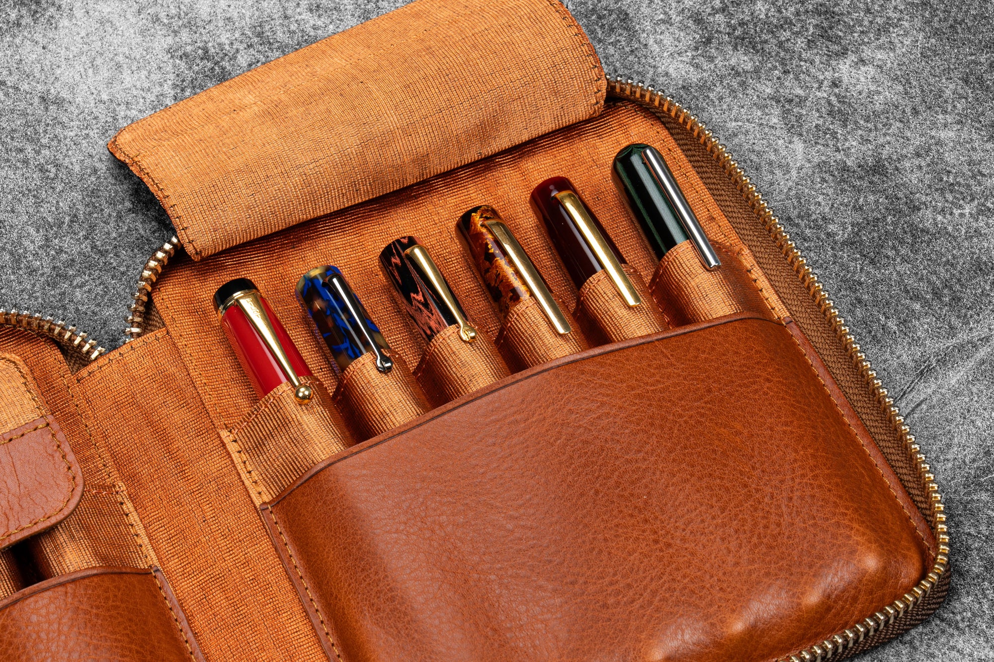 Legacy Leather Zip Pen Case For 12 Pens - A6 - Deep Cognac