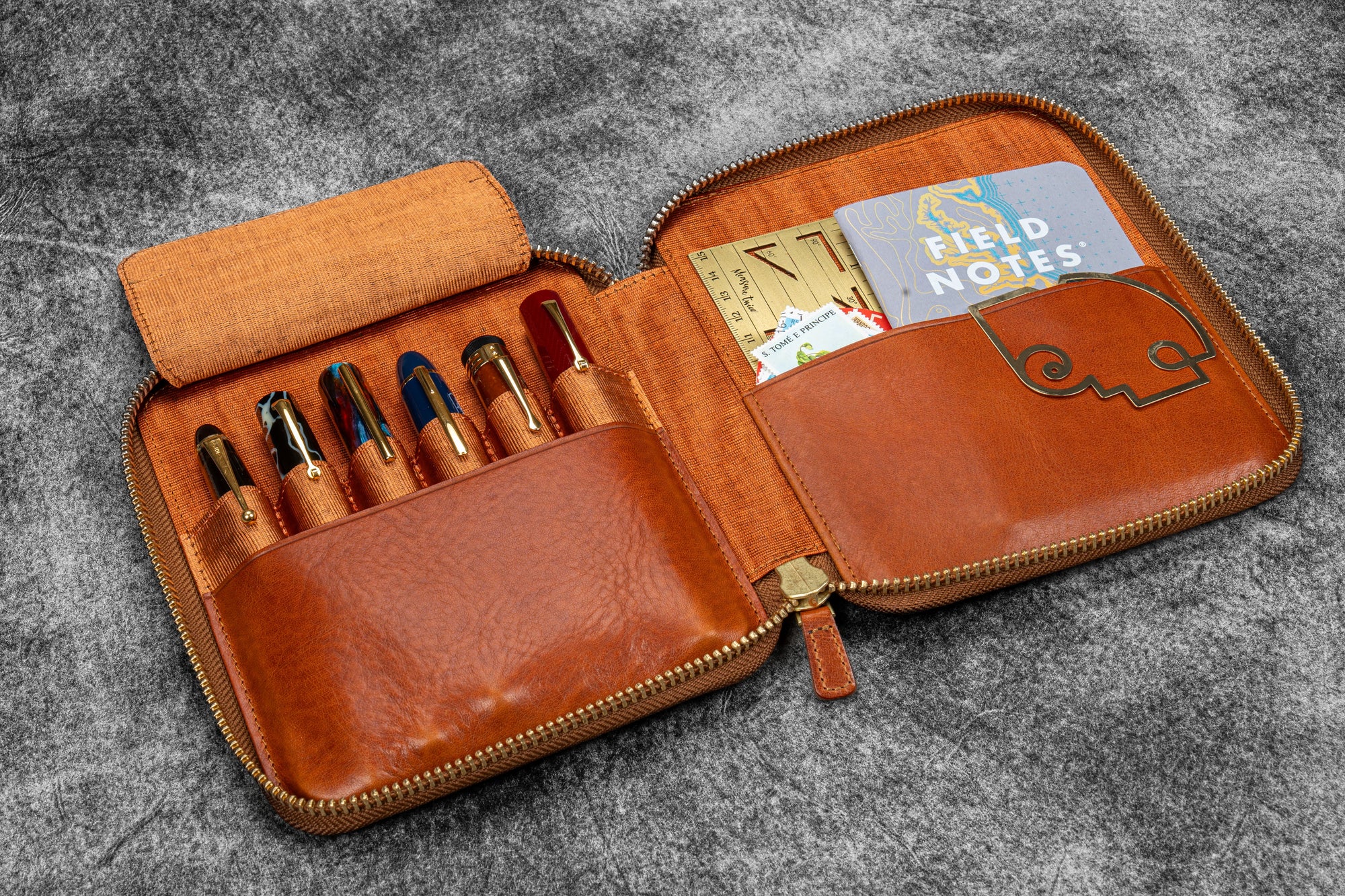 Legacy Leather Zip Pen Case For 6 Pens - A6 - Deep Cognac