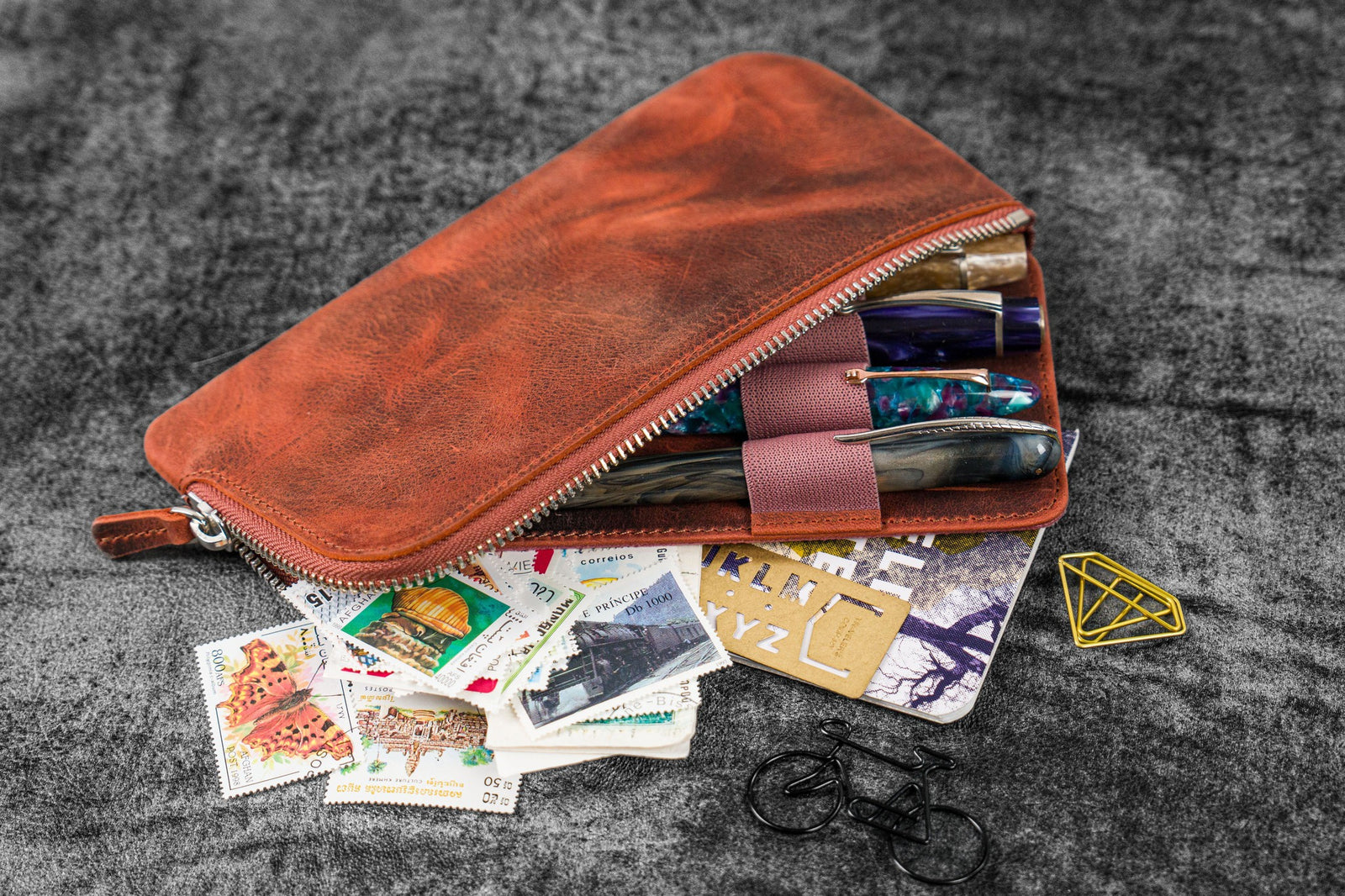 Deri "Slip-N-Zip" 4'lü Fermuarlı Kalem Kılıfı - C.H. Turuncu