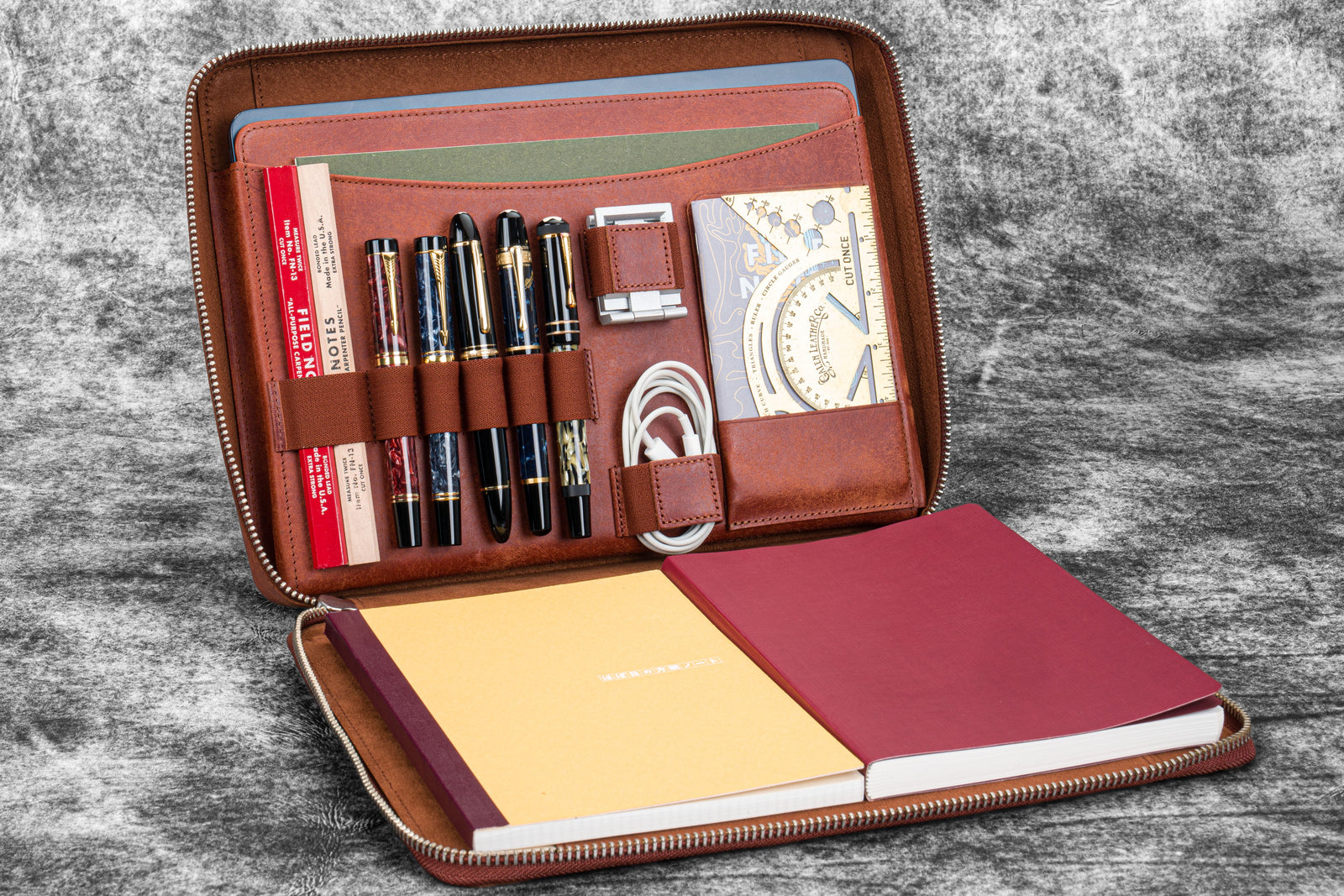 The Compendium - Omuz Askılı A4 Fermuarlı Deri Organizer - Aged Copper