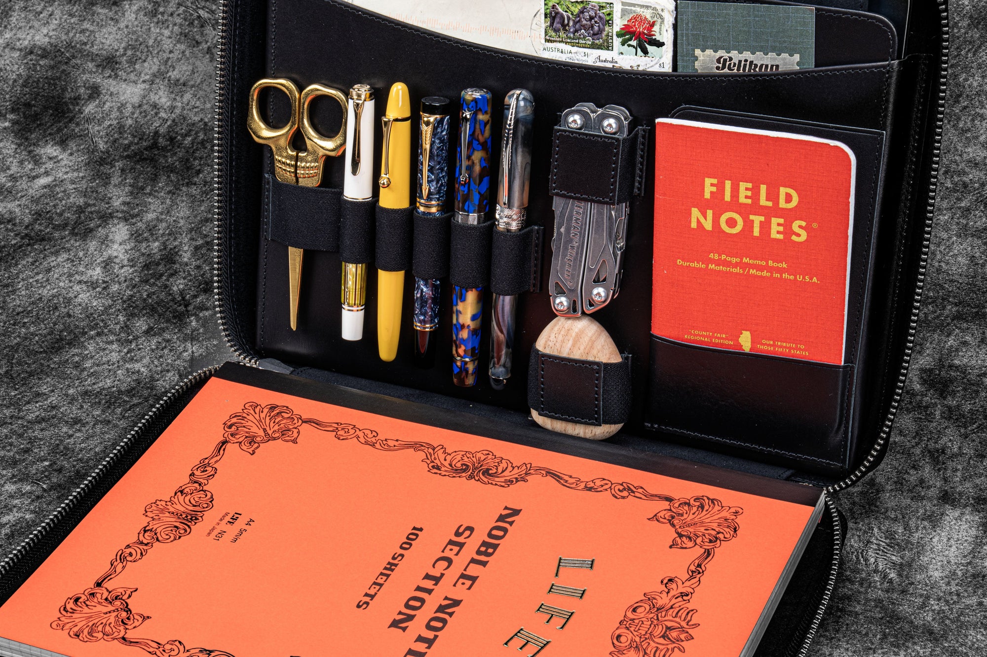 Leather Compendium Bag - A4 Zippered Folio Organizer - Black