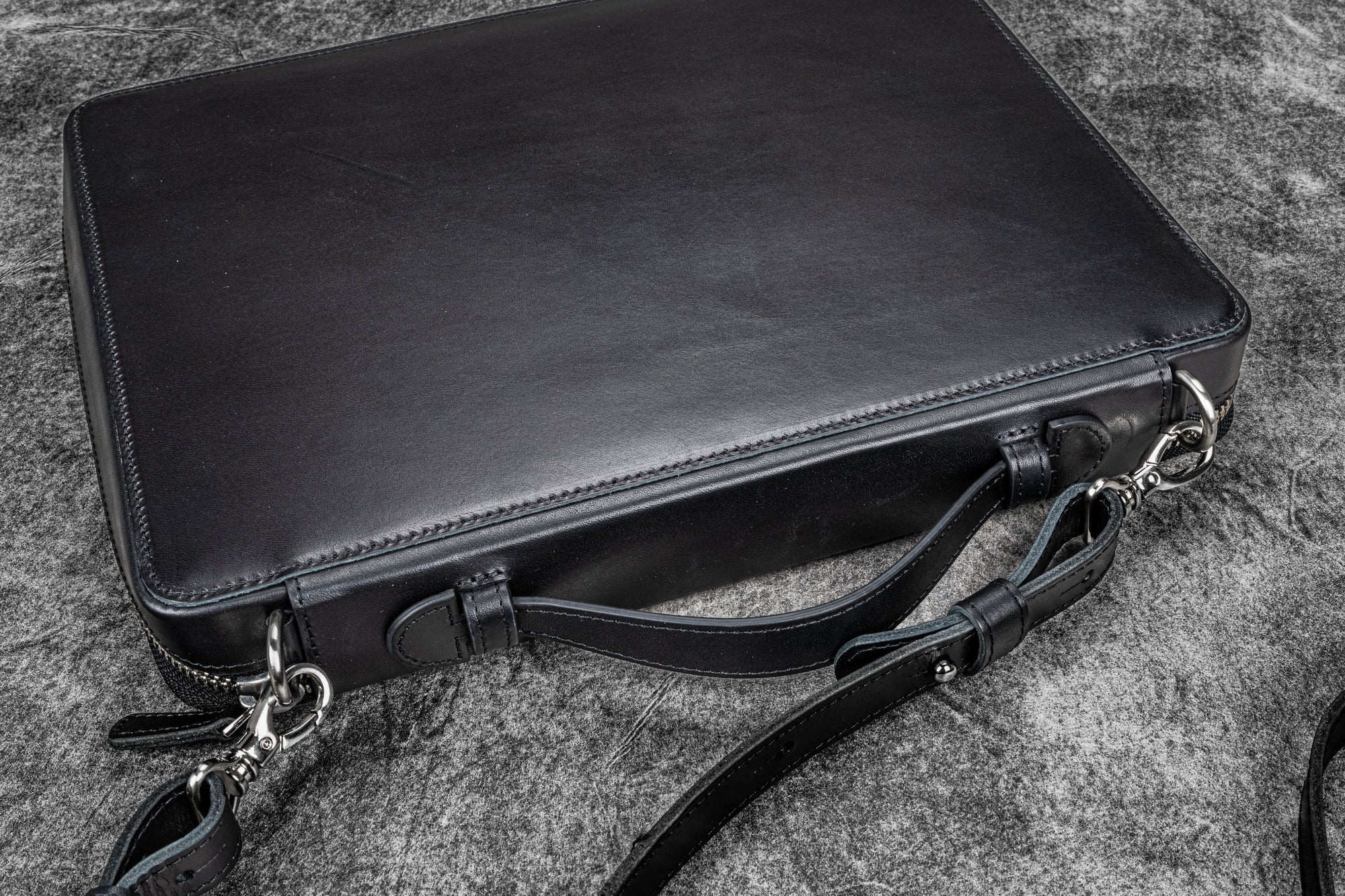 Leather Compendium Bag - A4 Zippered Folio Organizer - Black