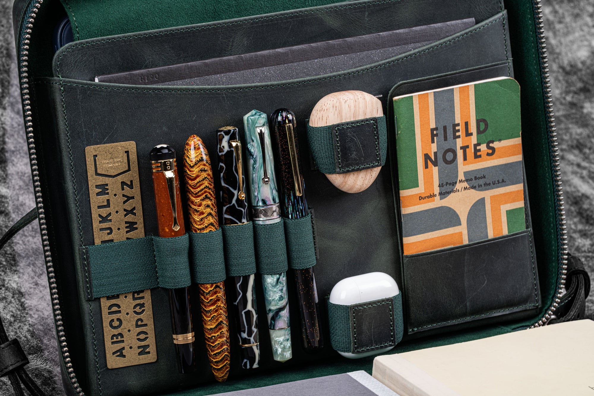 Leather Compendium Bag - A4 Zippered Folio Organizer - Crazy Horse Forest Green