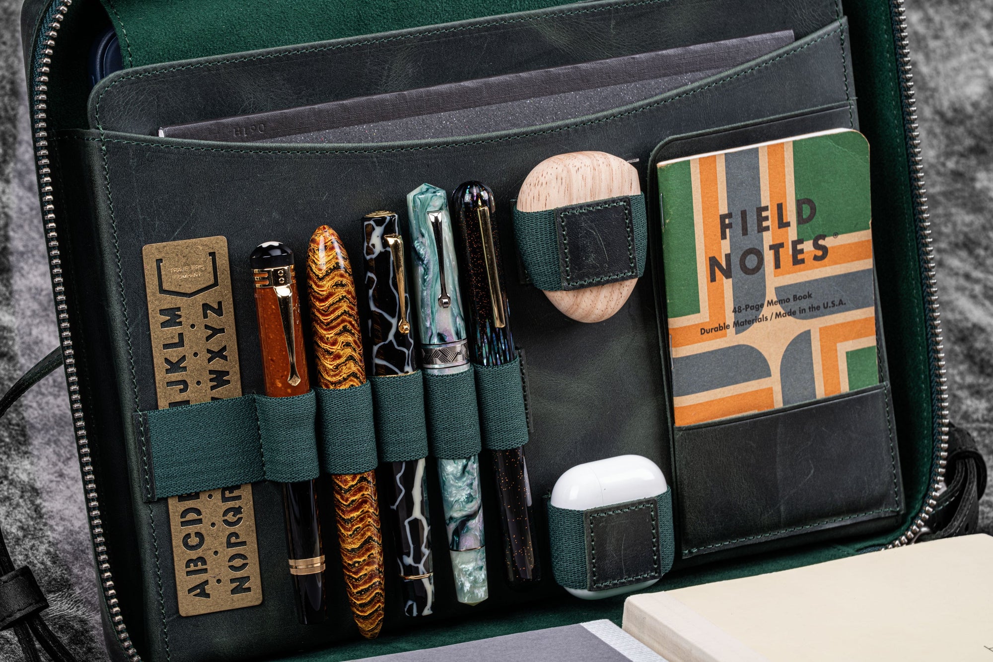 Leather Compendium Bag - A4 Zippered Folio Organizer - Crazy Horse Forest Green