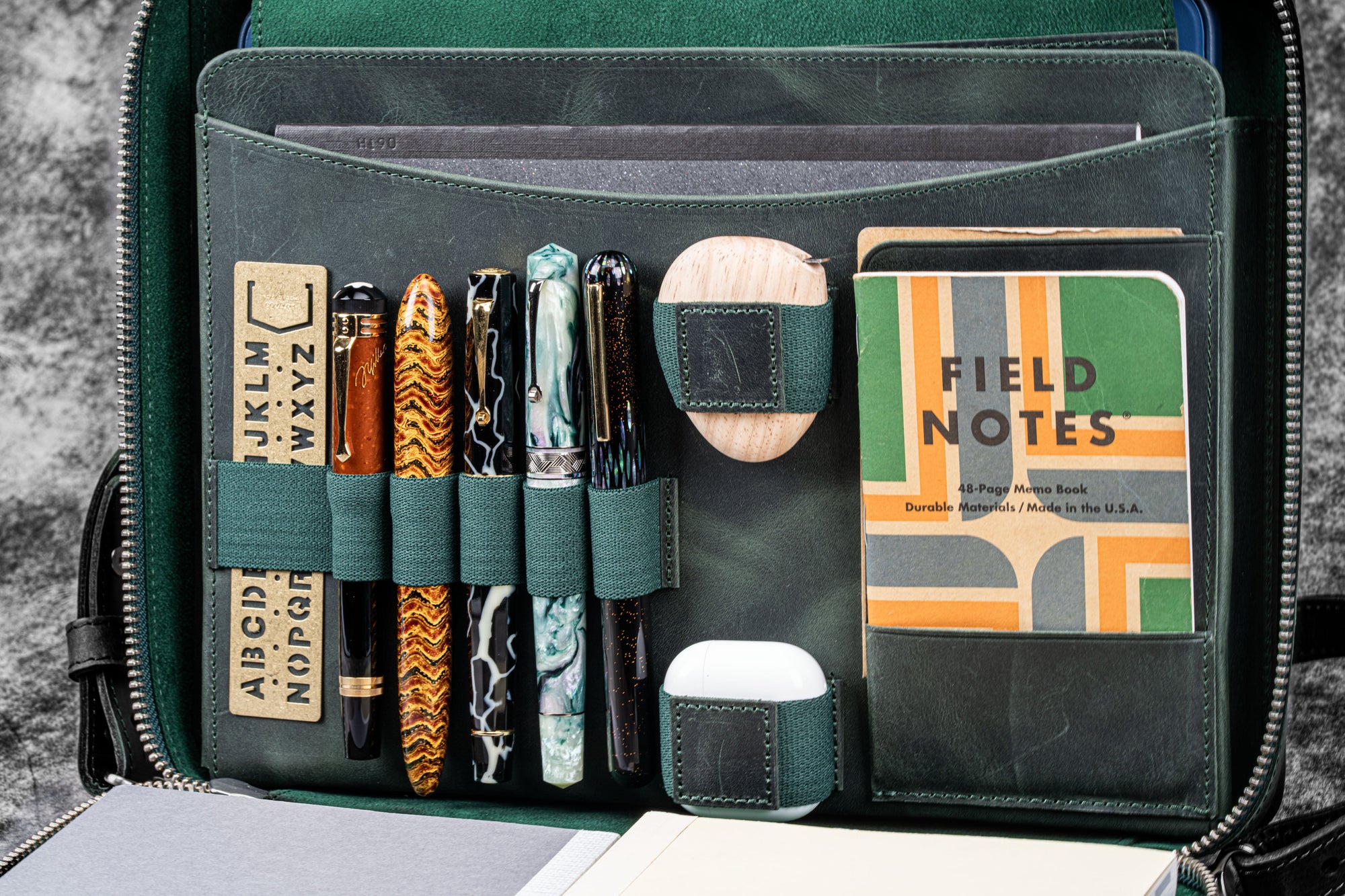 Leather Compendium Bag - A4 Zippered Folio Organizer - Crazy Horse Forest Green