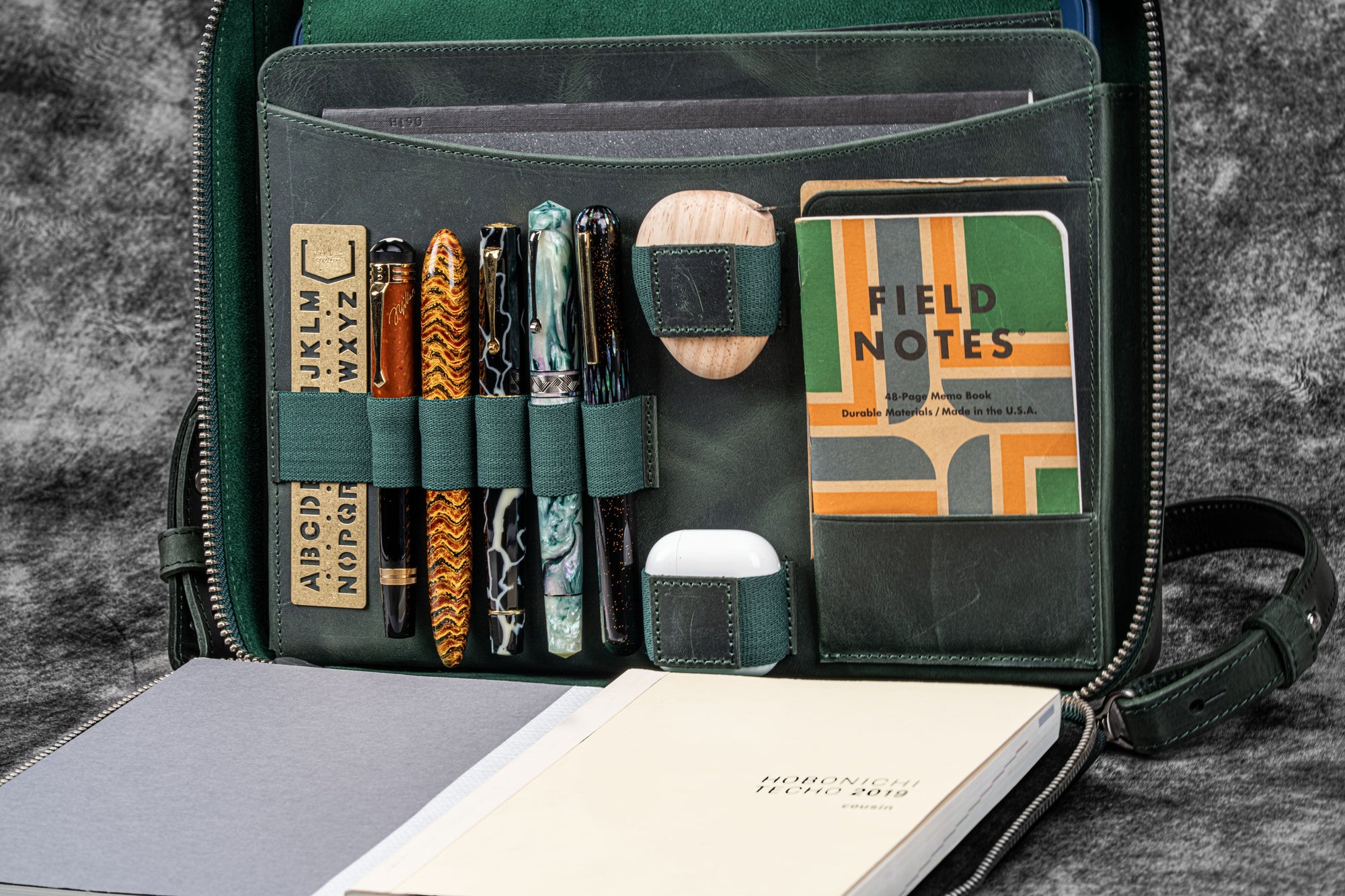 Leather Compendium Bag - A4 Zippered Folio Organizer - Crazy Horse Forest Green