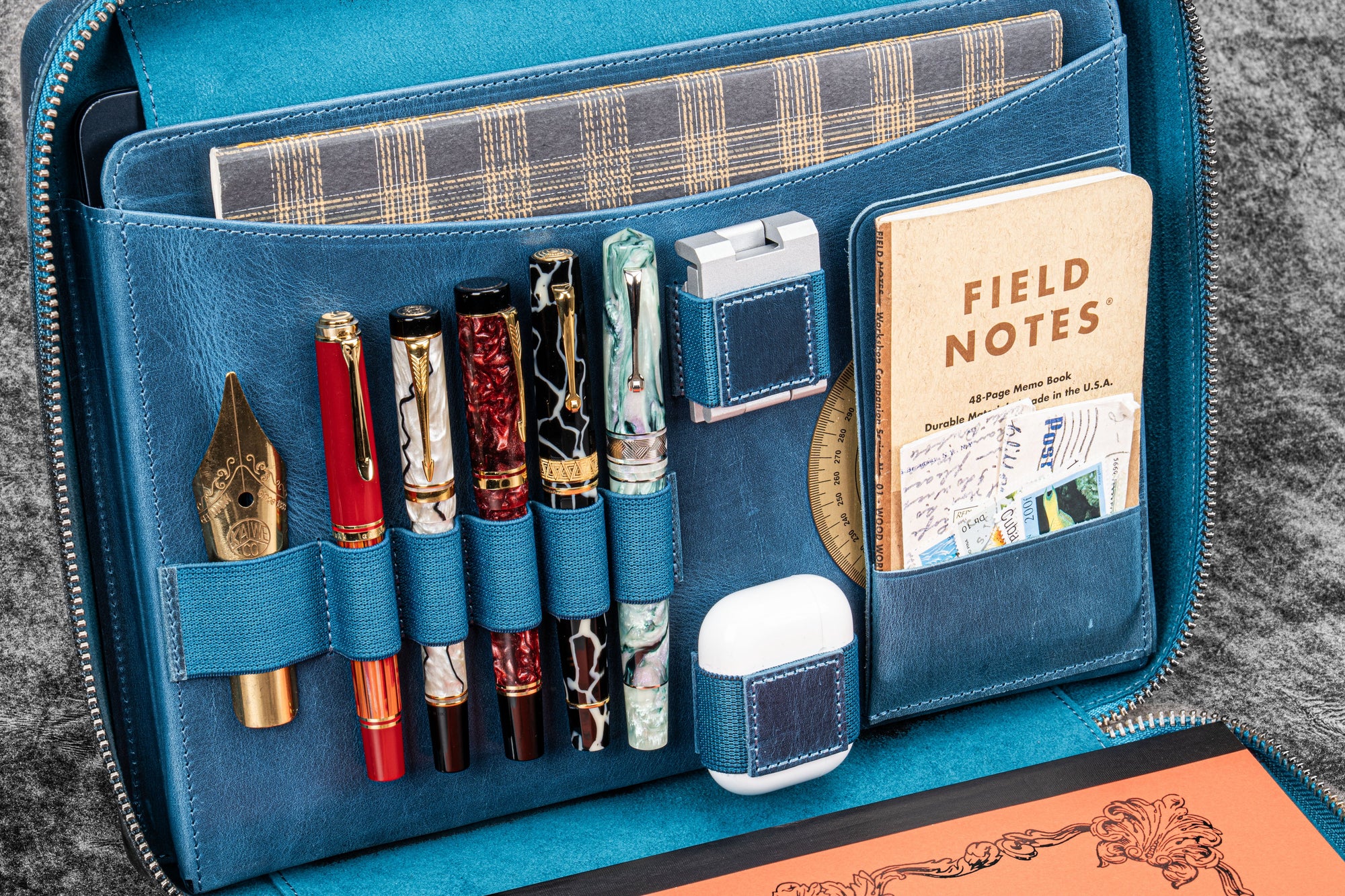 Leather Compendium Bag - A4 Zippered Folio Organizer - Crazy Horse Ocean Blue