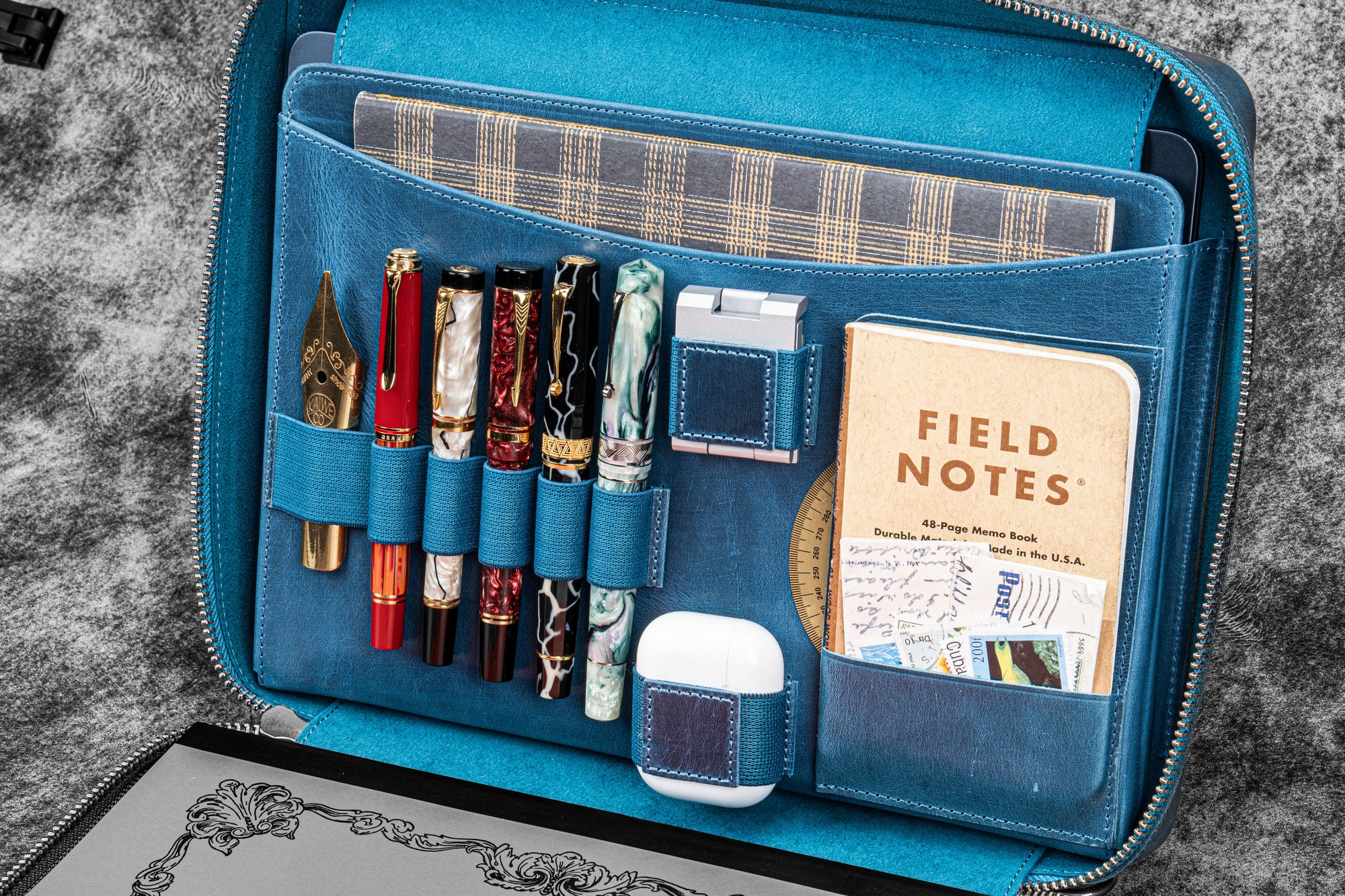 Leather Compendium Bag - A4 Zippered Folio Organizer - Crazy Horse Ocean Blue