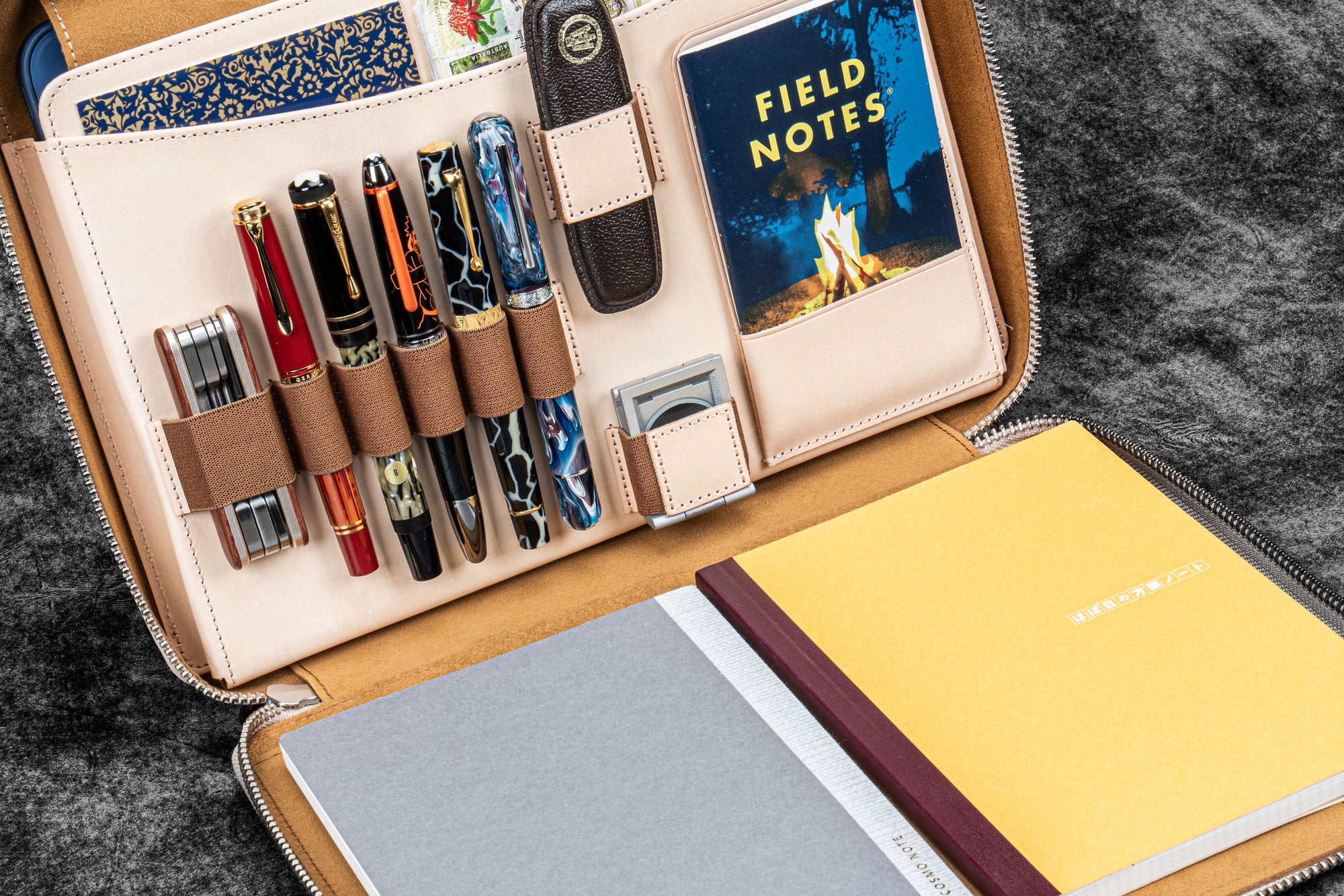 Leather Compendium Bag - A4 Zippered Folio Organizer - Undyed Leather