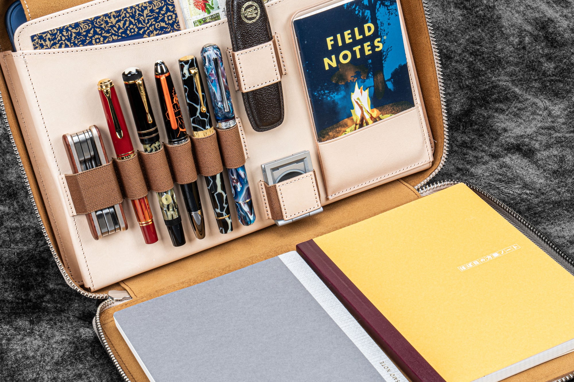 Leather Compendium Bag - A4 Zippered Folio Organizer - Undyed Leather