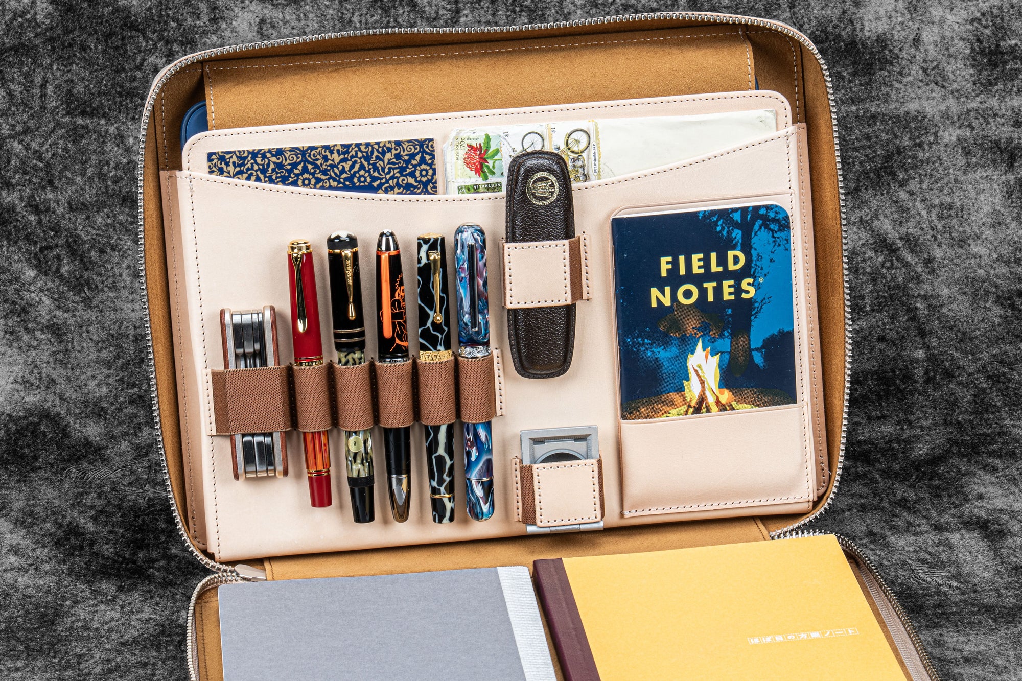 Leather Compendium Bag - A4 Zippered Folio Organizer - Undyed Leather