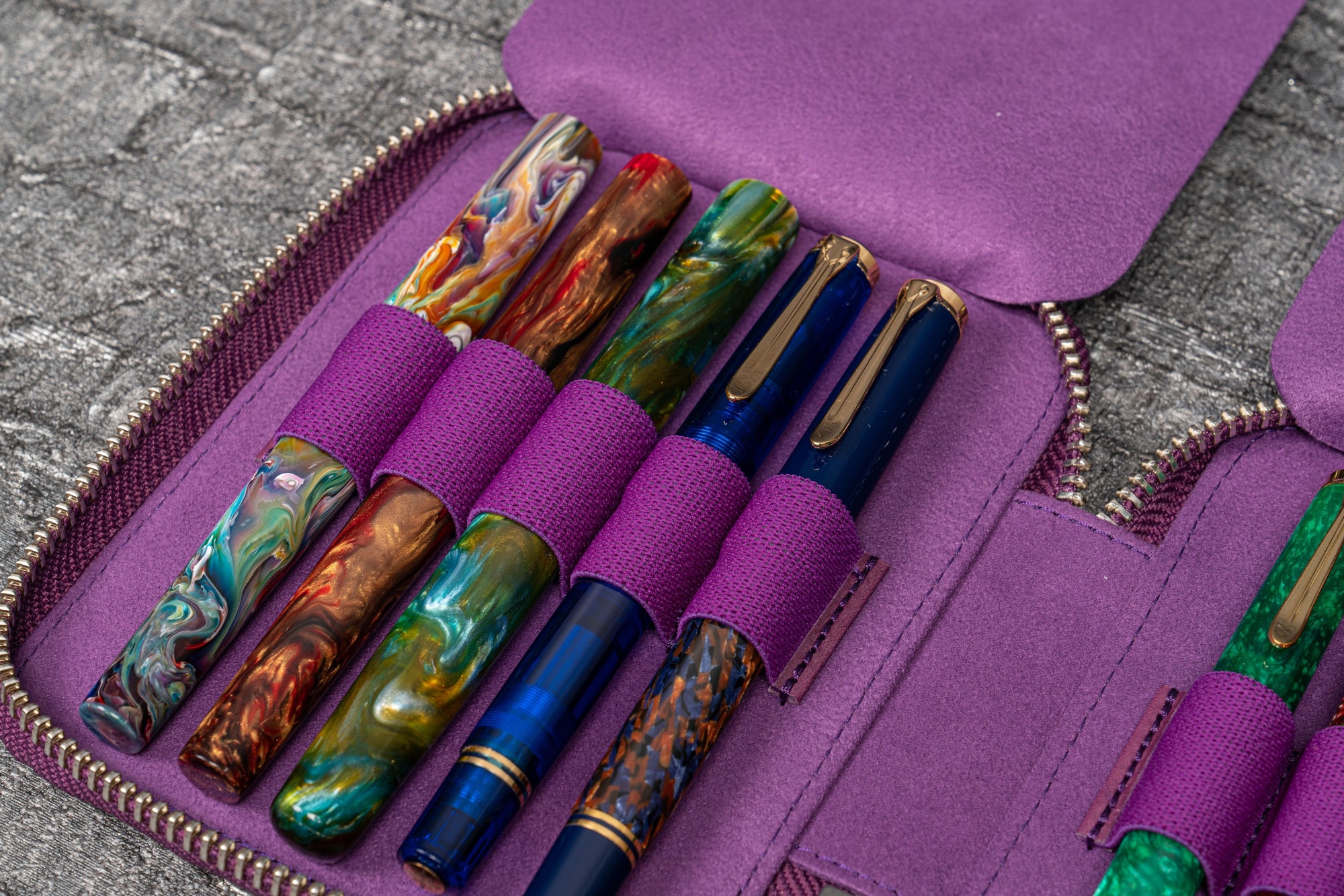 Leather Zippered 10 Slots Pen Case - Purple