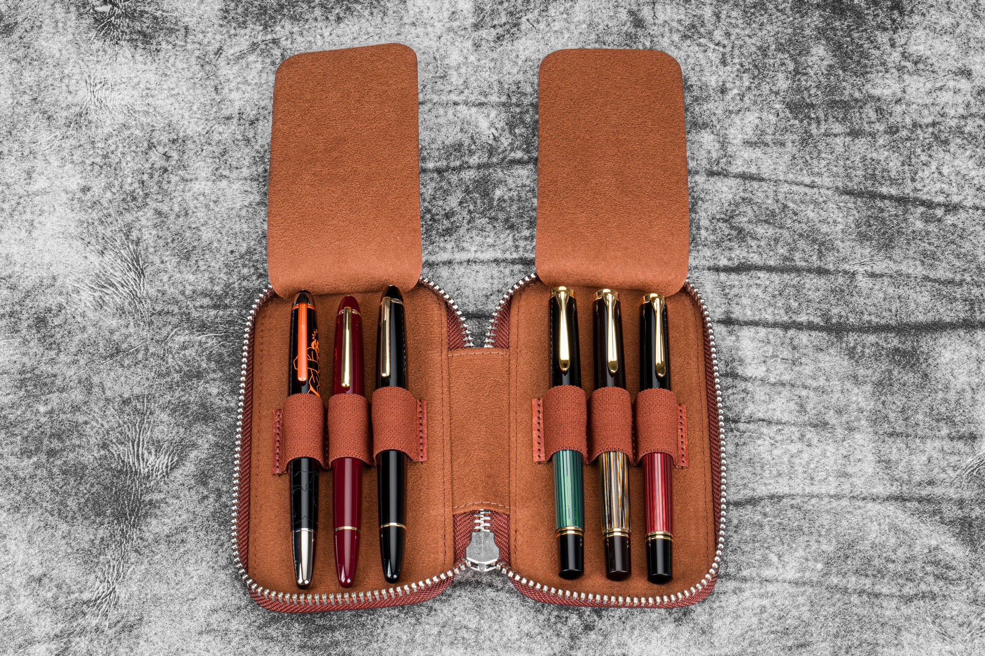 Leather Zippered 6 Slots Pen Case - Aged Copper