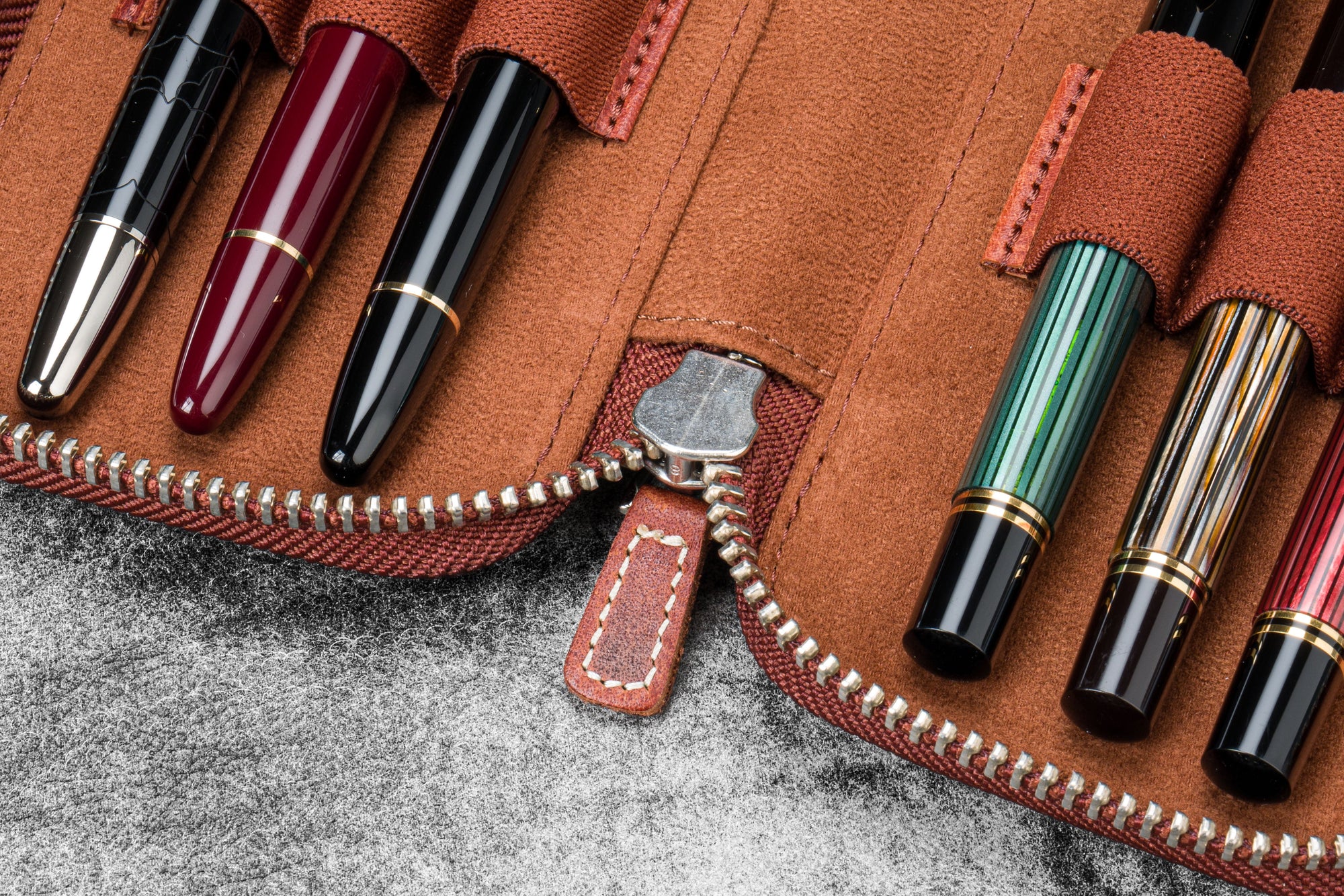 Leather Zippered 6 Slots Pen Case - Aged Copper
