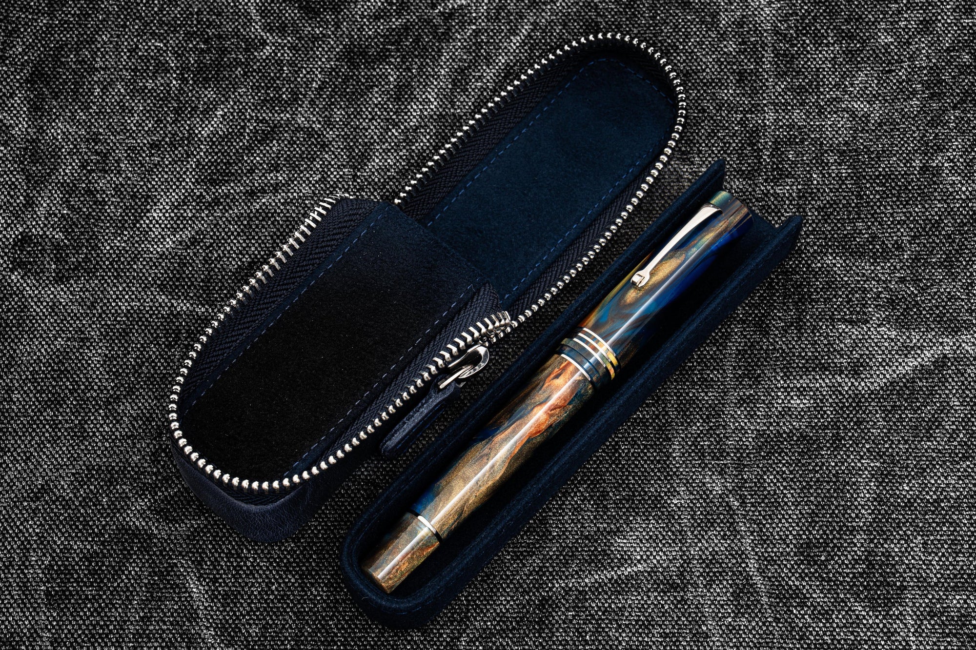Leather Zippered Magnum Opus Single Hard Pen Case For Oversized Pens &amp; Namiki Emperor - Crazy Horse Navy Blue