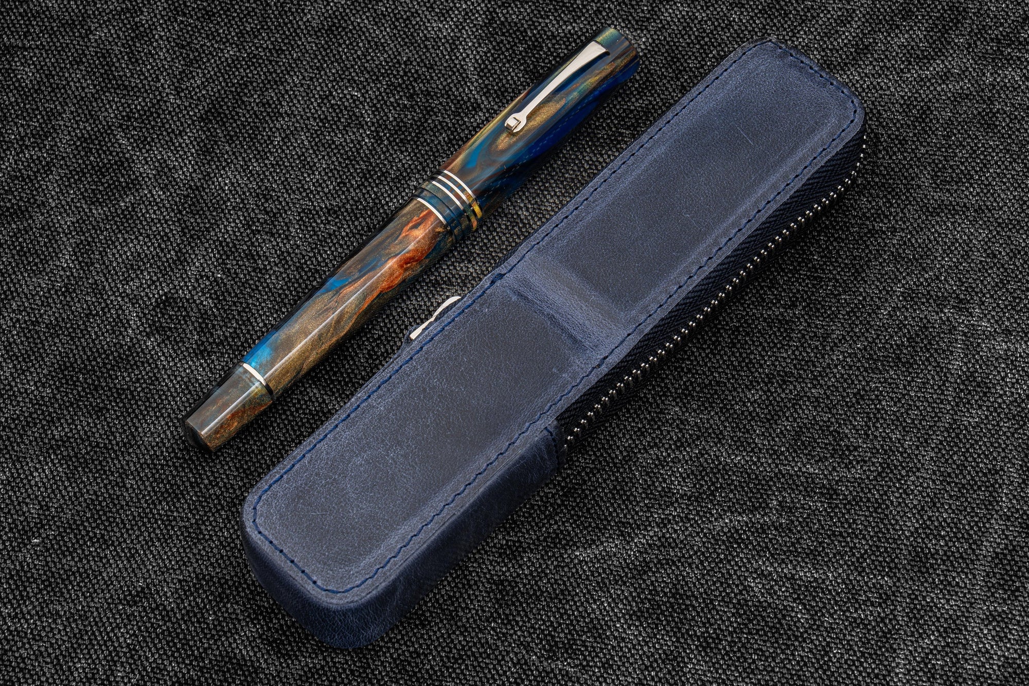 Leather Zippered Magnum Opus Single Hard Pen Case For Oversized Pens &amp; Namiki Emperor - Crazy Horse Navy Blue