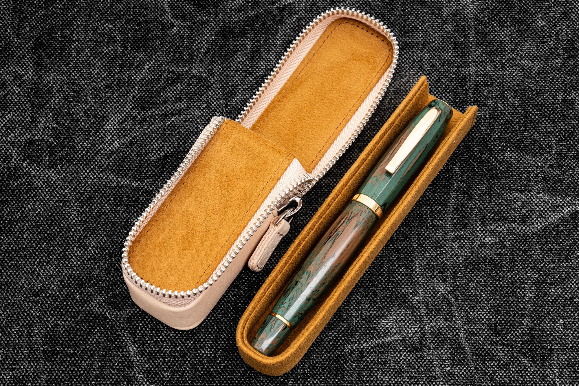 Leather Zippered Magnum Opus Single Hard Pen Case For Oversized Pens &amp; Namiki Emperor - Undyed Leather