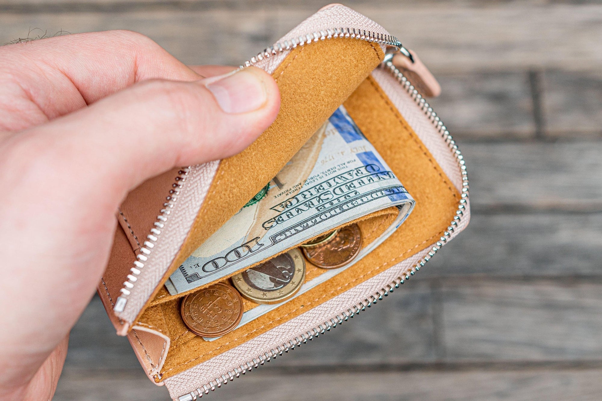 Mega Mini - Fermuarlı Deri Cüzdan - Natürel Deri