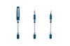 Set of three blue pen refills on a white background