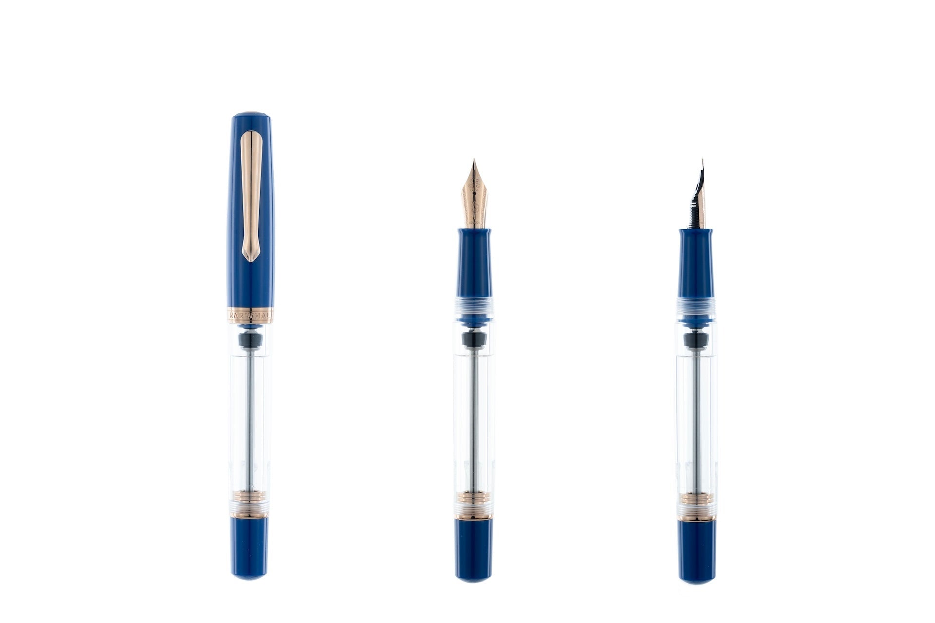 Set of three blue pens on a white background