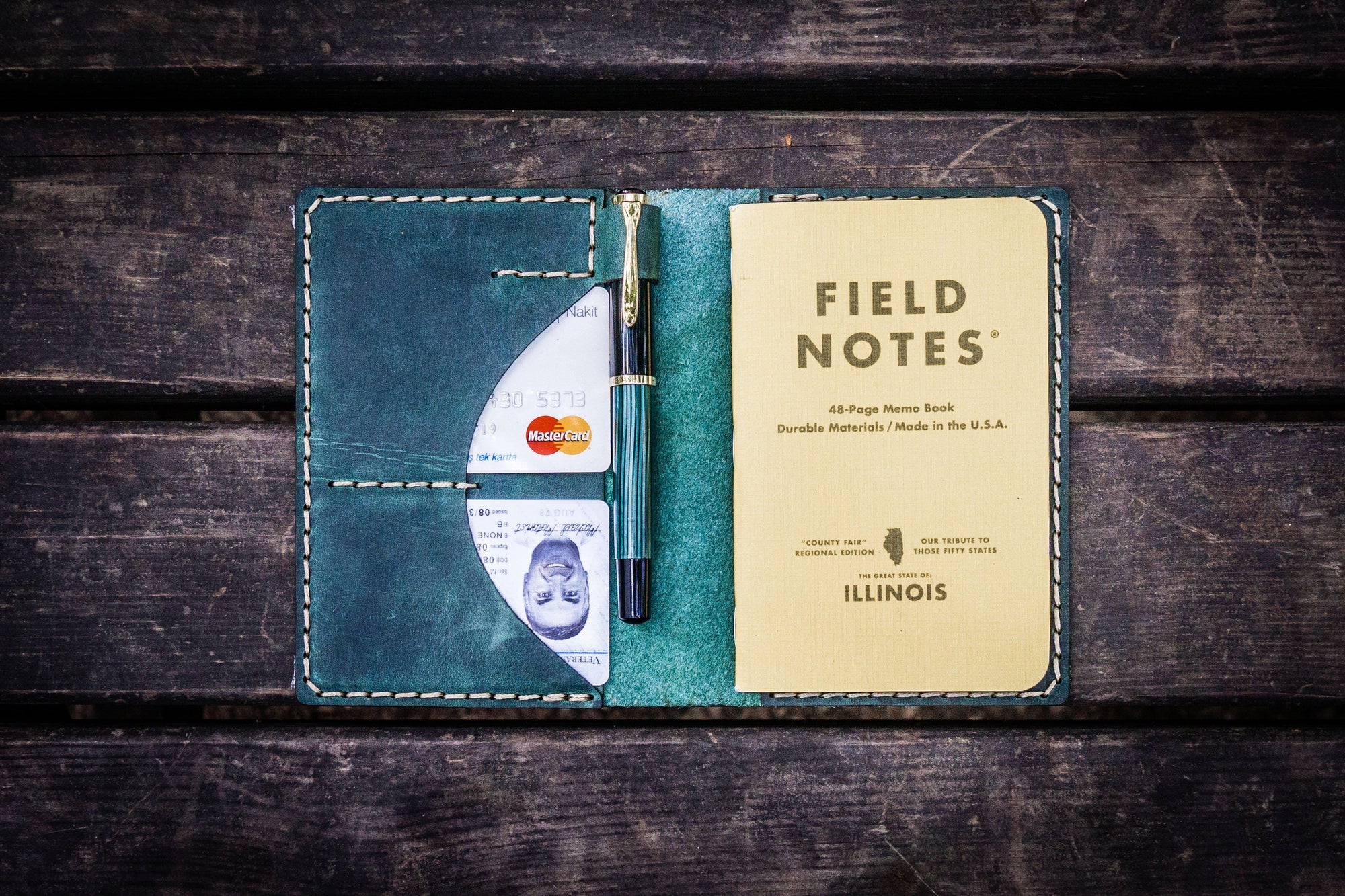 No.44 Personalized Leather Field Notes Cover - Crazy Horse Forest Green