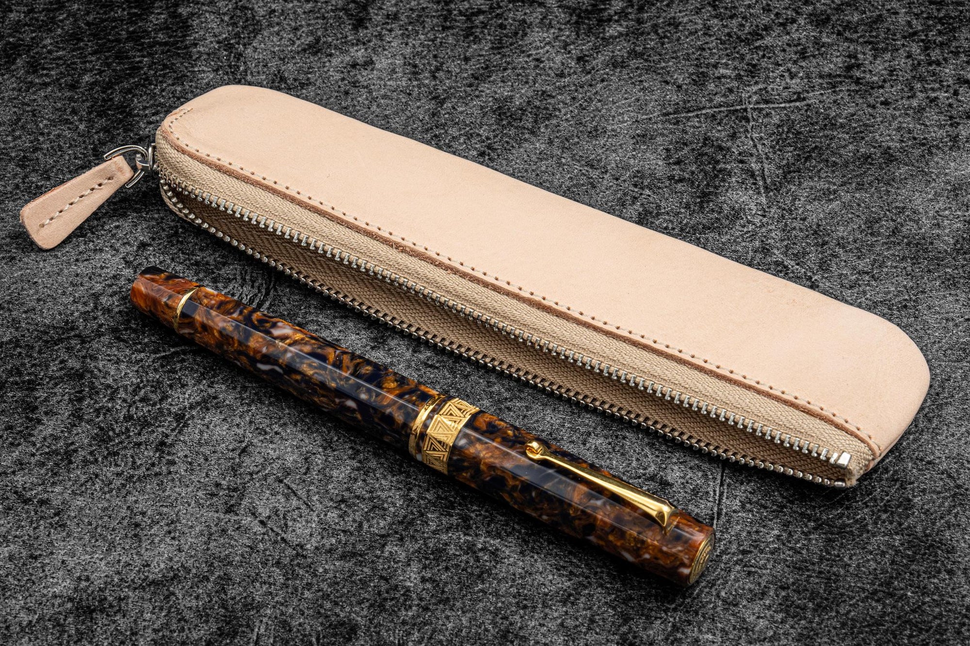 Tekli Fermuarlı Deri Kalemlik- Naturel