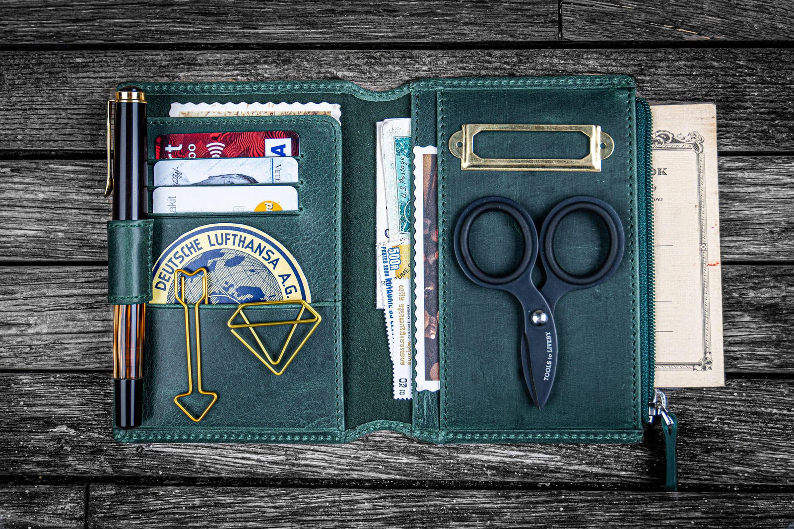 Traveler's Notebook için Deri Organizer - Passport Ebat - Crazy Horse Forest Green