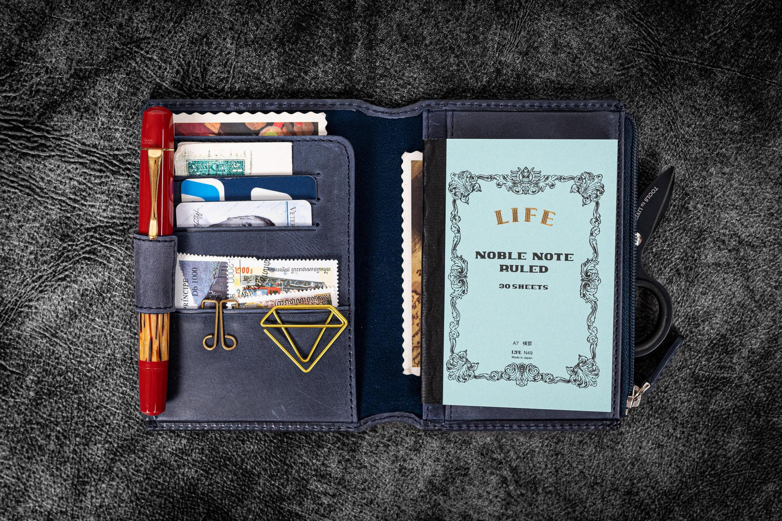 Traveler's Notebook için Deri Organizer - Passport Ebat - Crazy Horse Navy Blue