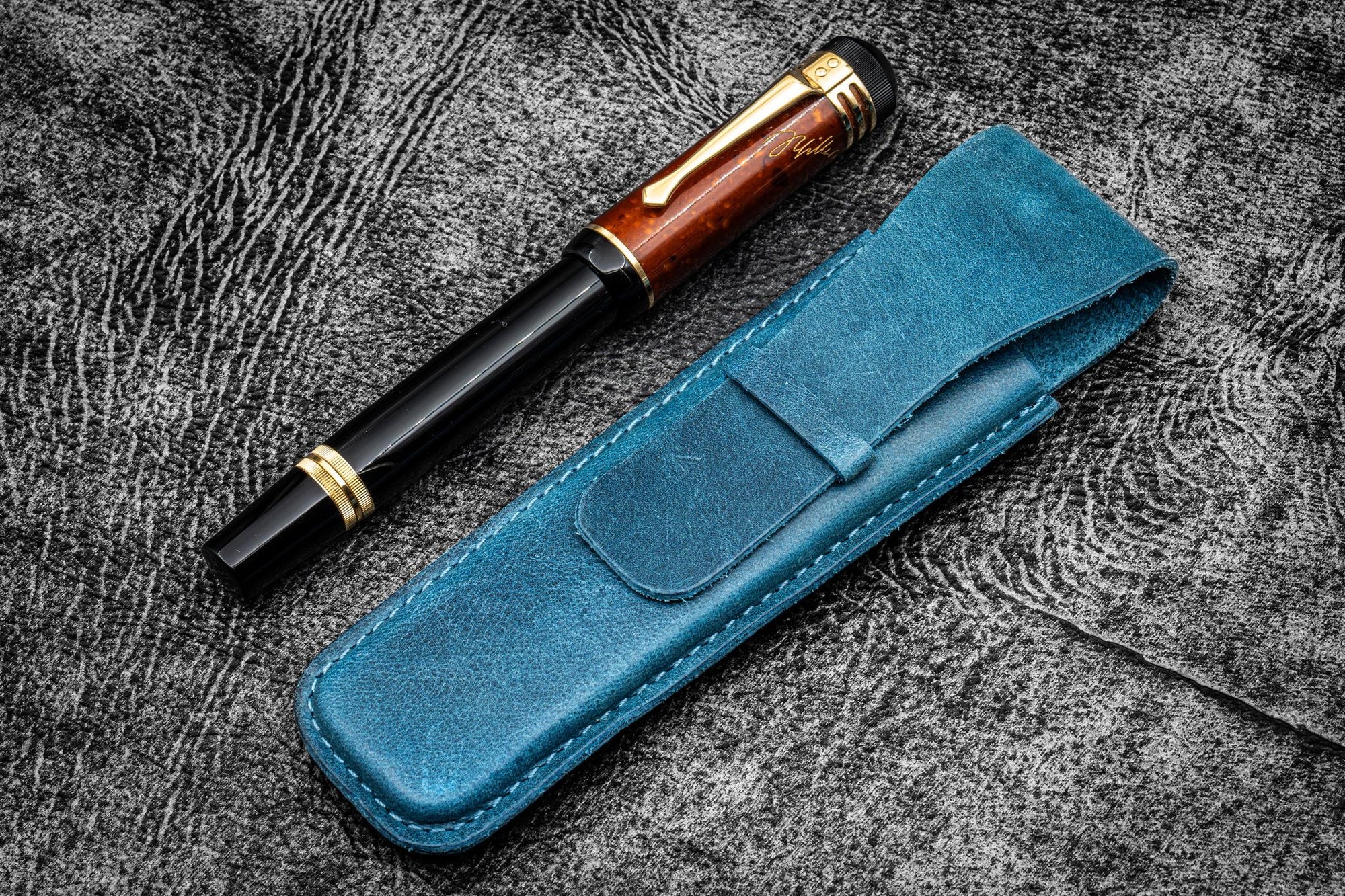 Vintage Slim Deri Tekli Kalem Kılıfı - C.H. Ocean Blue