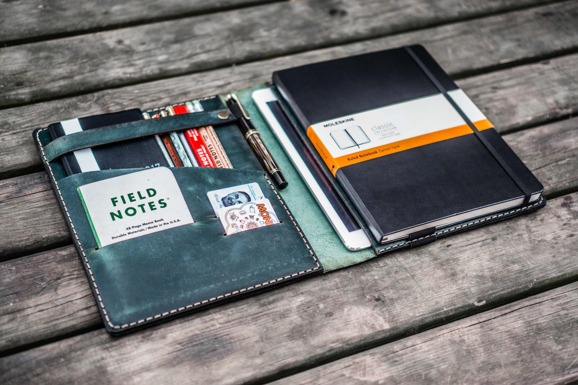 iPad Air/Pro &amp; Extra Large Moleskine Cover - Crazy Horse Forest Green-Galen Leather