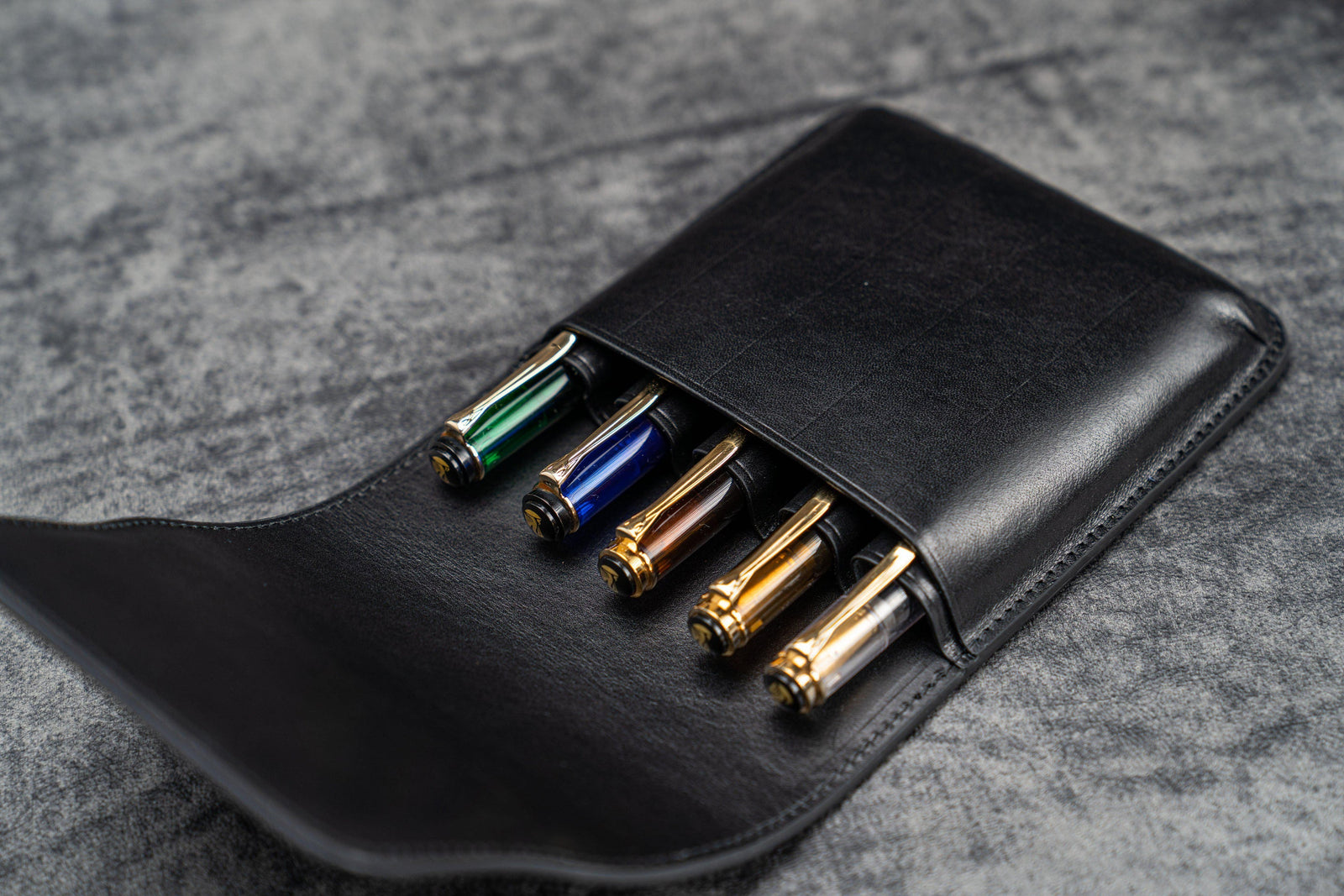 Leather Flap Pen Case for Five Pens - Black
