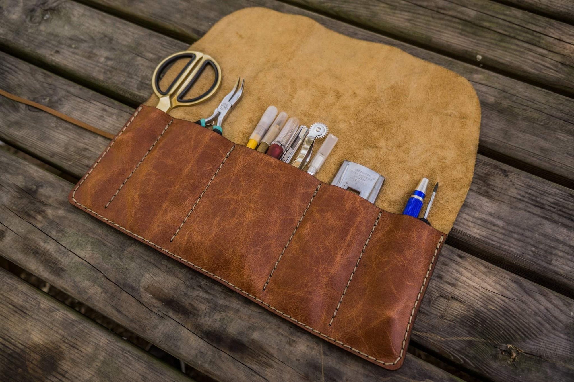 Leather Pen Roll - Rustic Brown