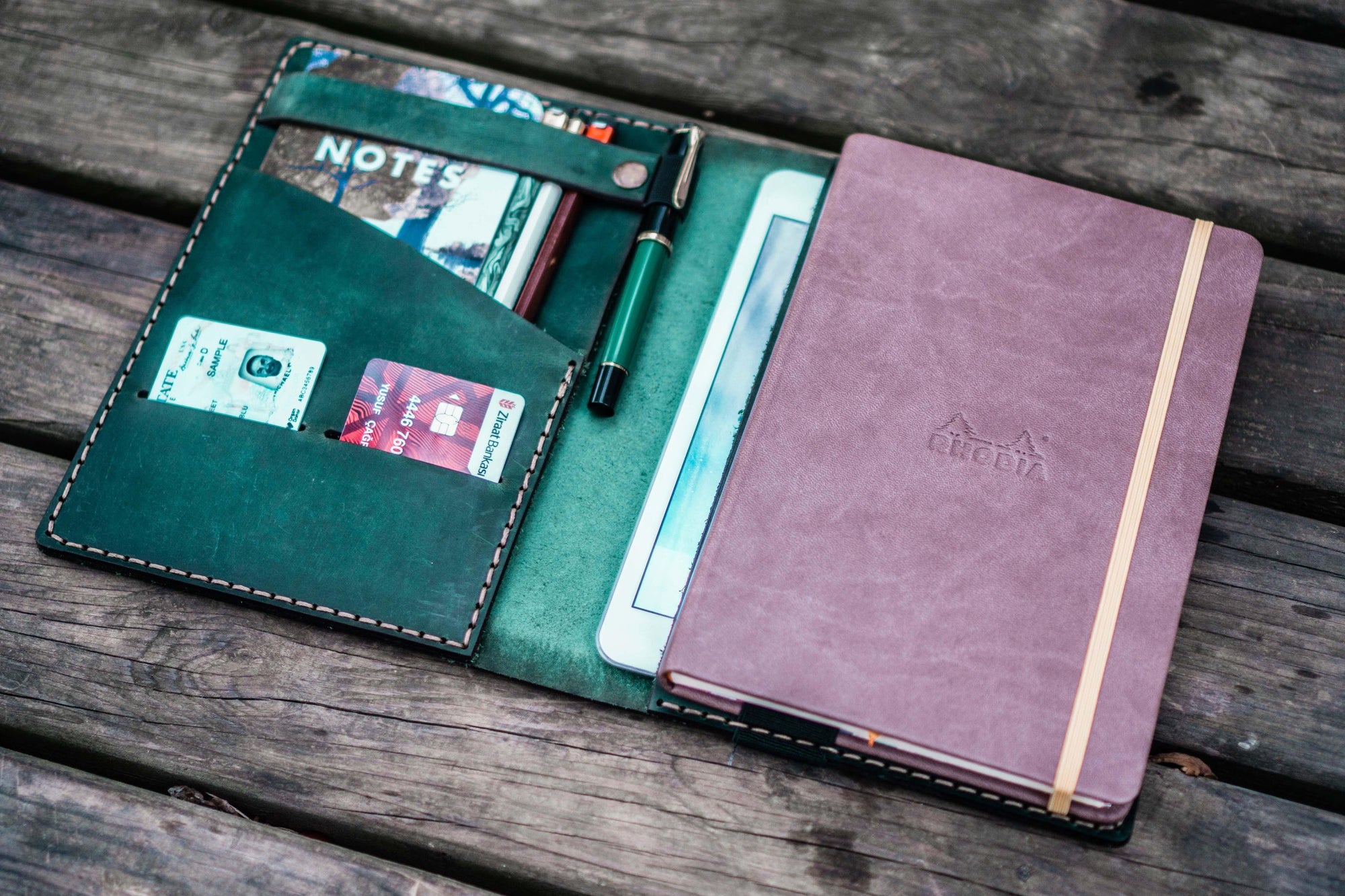 Leather Rhodia A5 Notebook &amp; iPad Mini Cover - Crazy Horse Forest Green