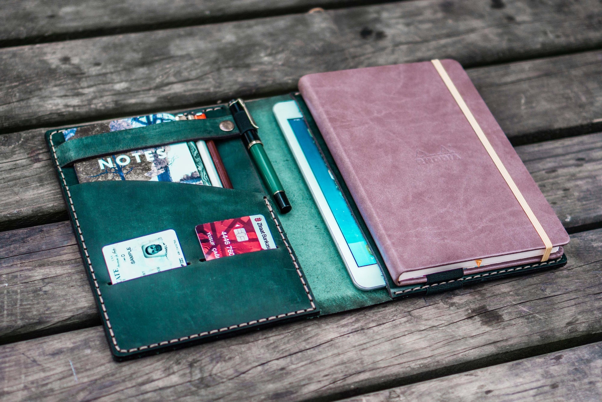 Leather Rhodia A5 Notebook &amp; iPad Mini Cover - Crazy Horse Forest Green
