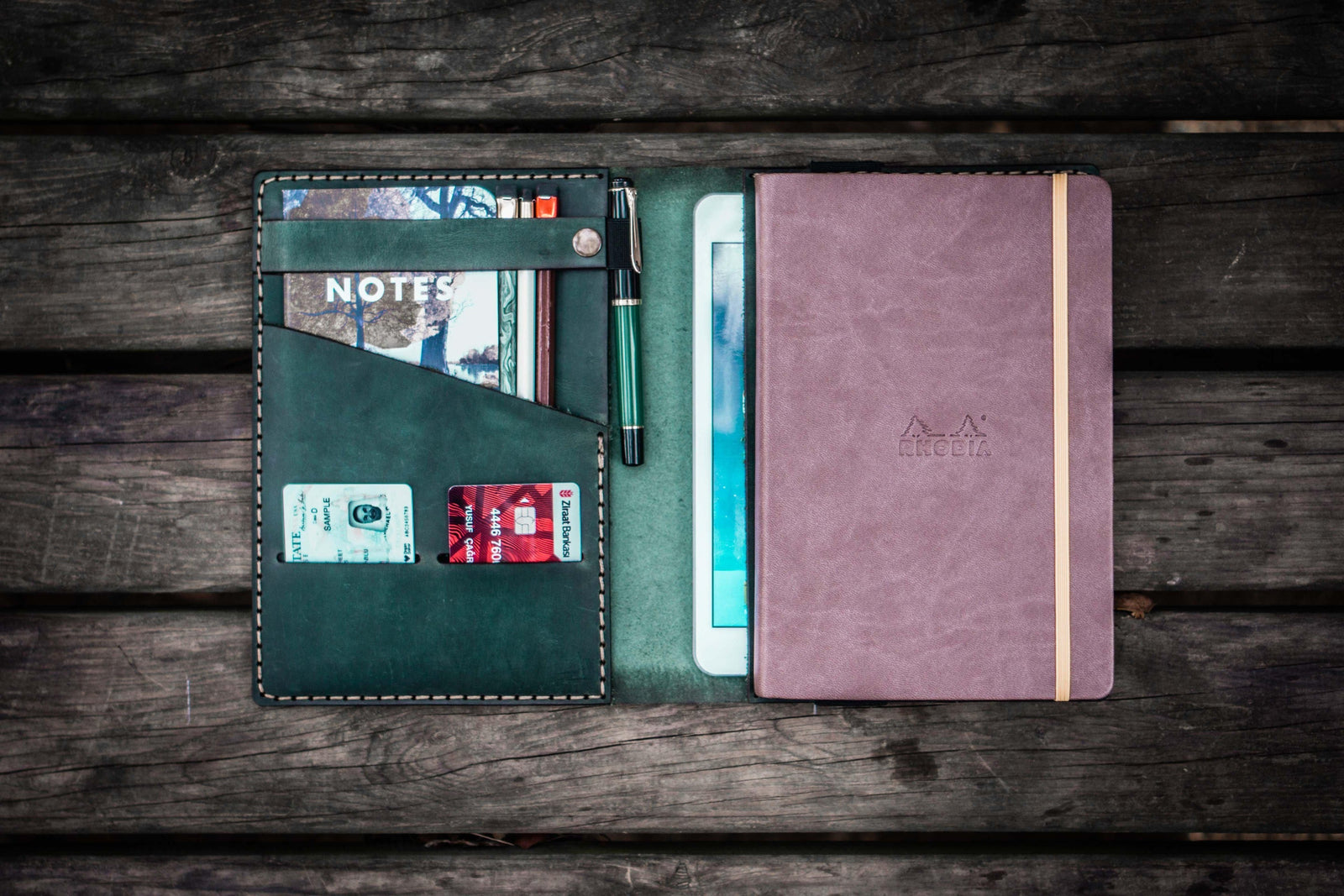 Leather Rhodia A5 Notebook & iPad Mini Cover - Crazy Horse Forest Green