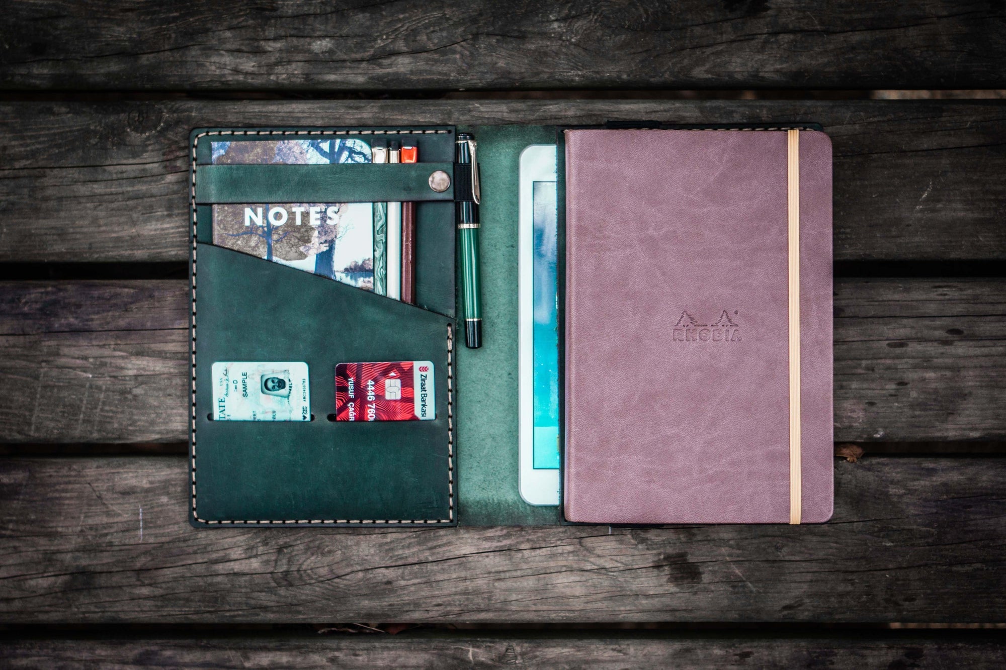 Leather Rhodia A5 Notebook &amp; iPad Mini Cover - Crazy Horse Forest Green