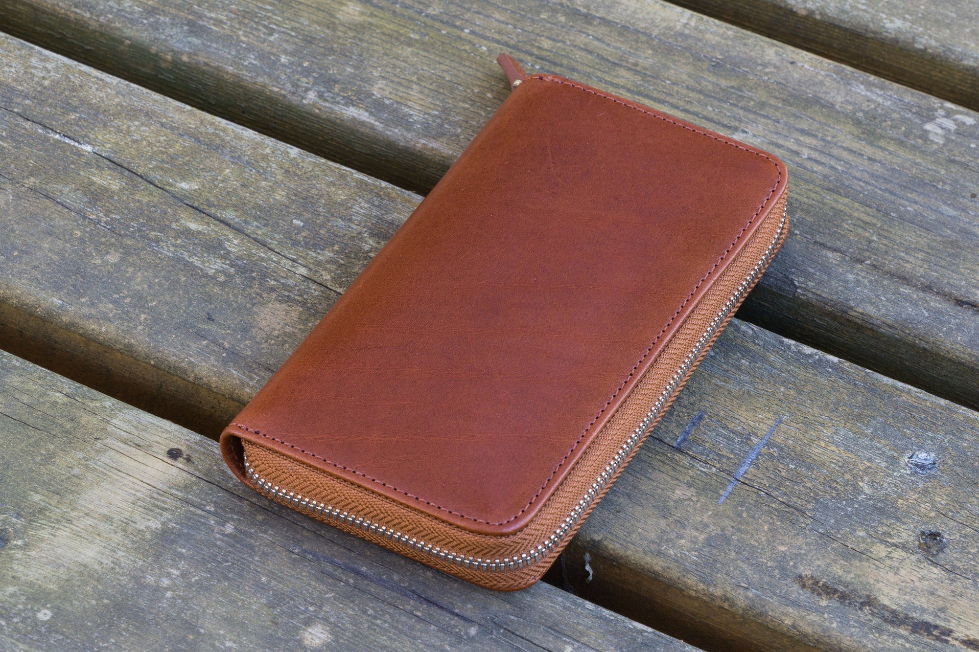 Leather Zippered 3 Slots Pen Case - Brown