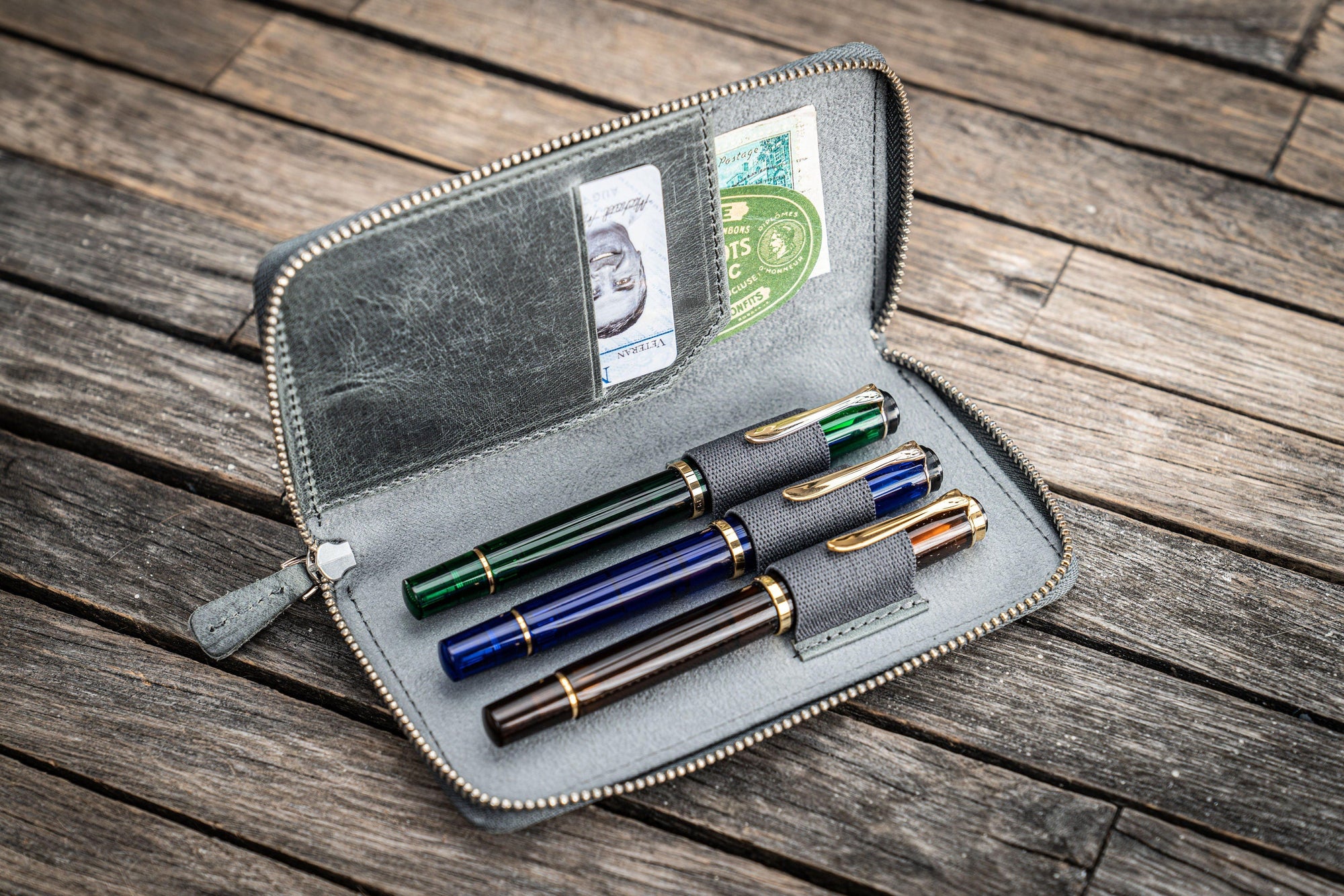 Leather Zippered 3 Slots Pen Case - Crazy Horse Smoky