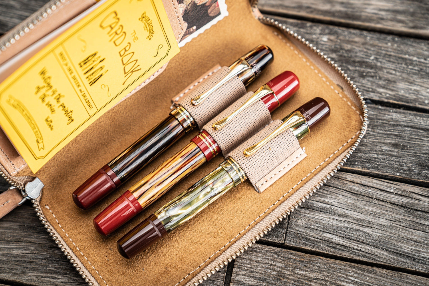 Leather Zippered 3 Slots Pen Case - Undyed Leather-Galen Leather