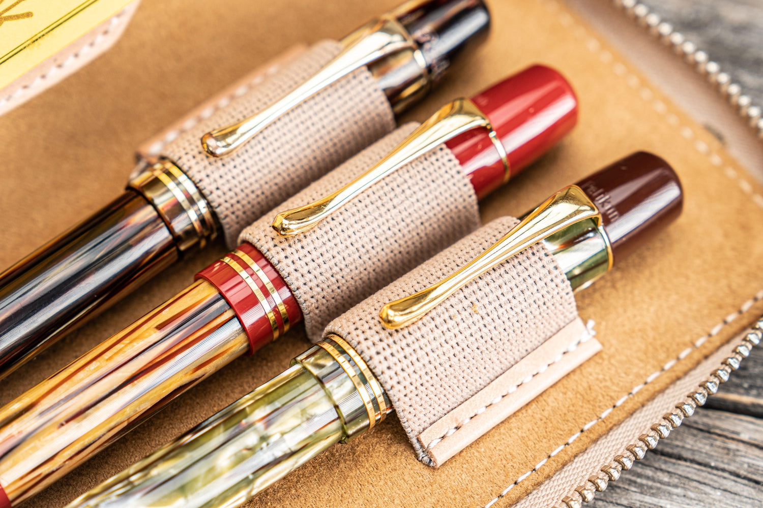 Leather Zippered 3 Slots Pen Case - Undyed Leather-Galen Leather