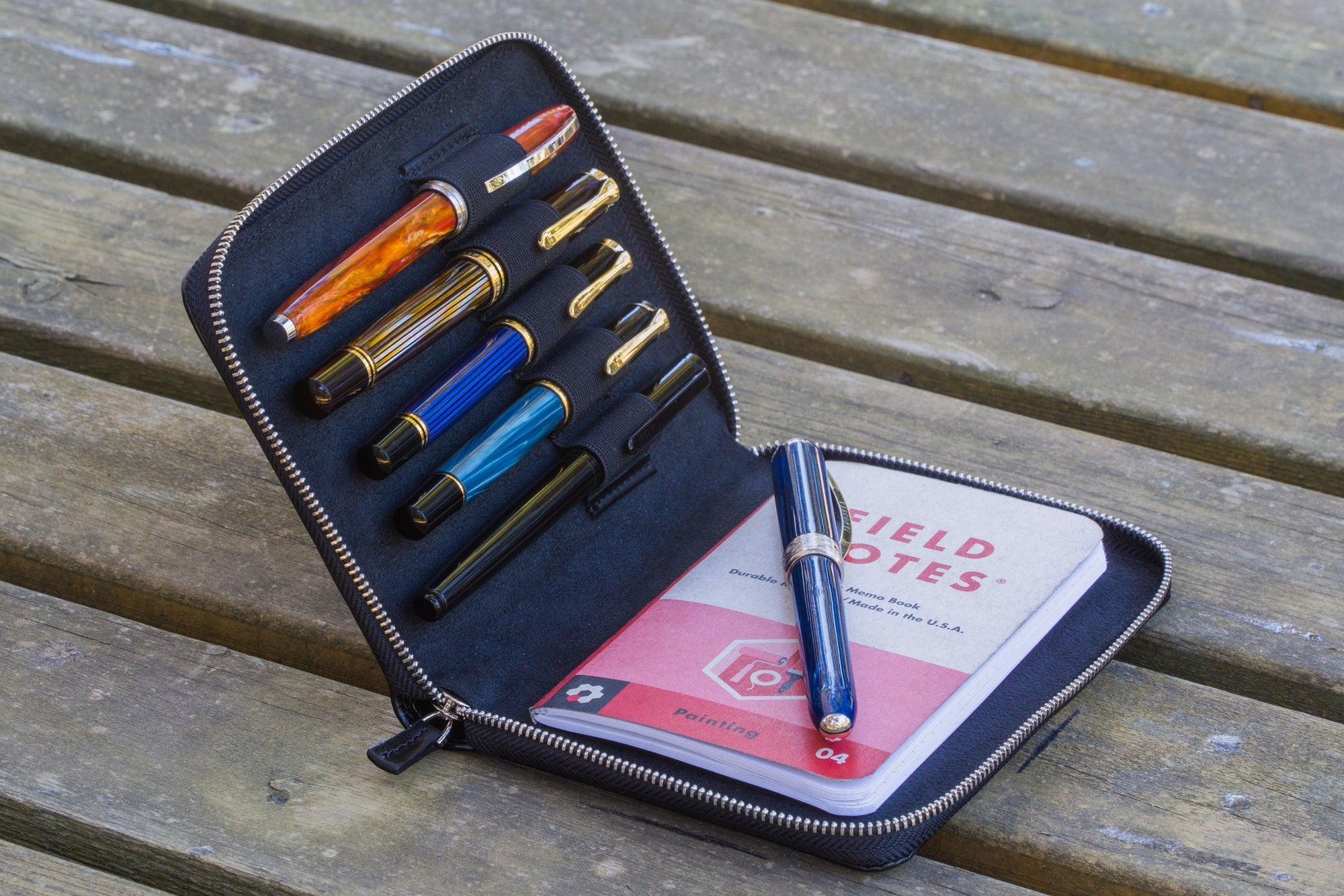 Leather Zippered 5 Slots Pen Case - Black