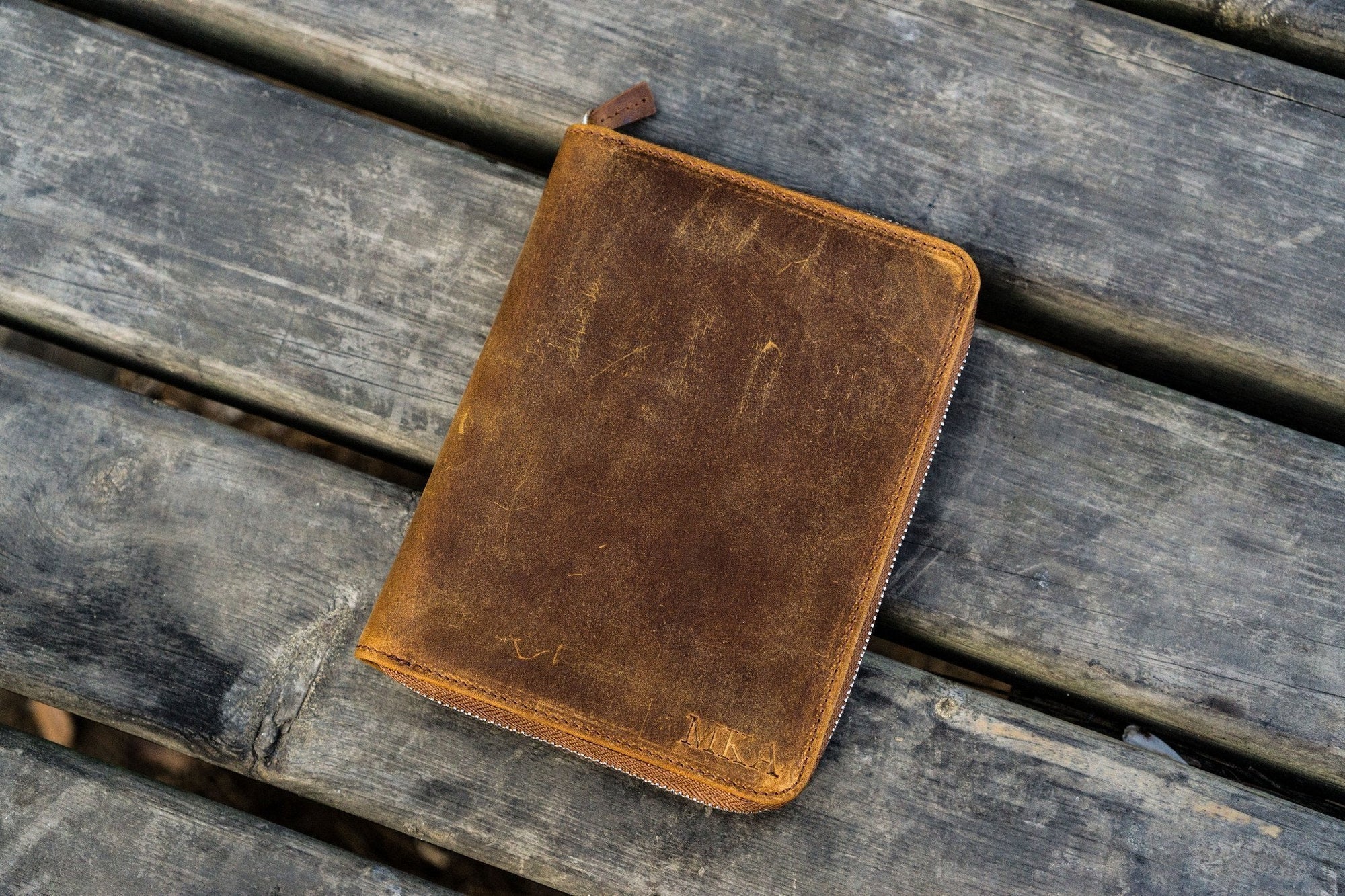 Leather Zippered 5 Slots Pen Case - Crazy Horse Brown