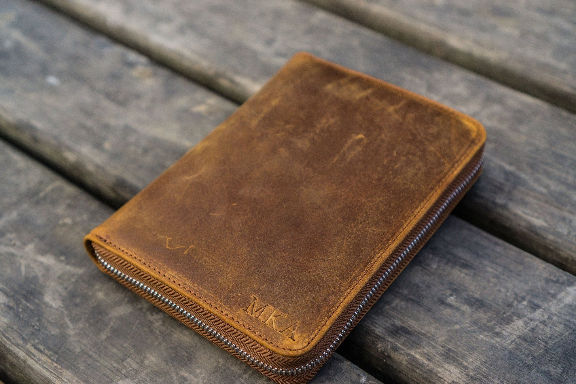 Leather Zippered 5 Slots Pen Case - Crazy Horse Brown