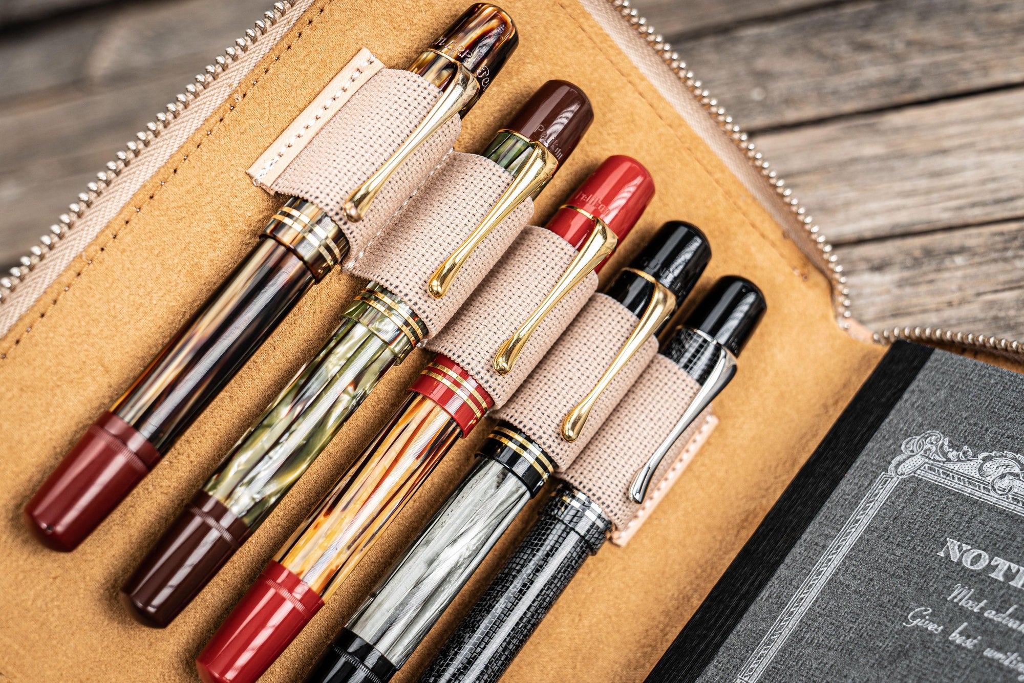 Leather Zippered 5 Slots Pen Case - Undyed Leather