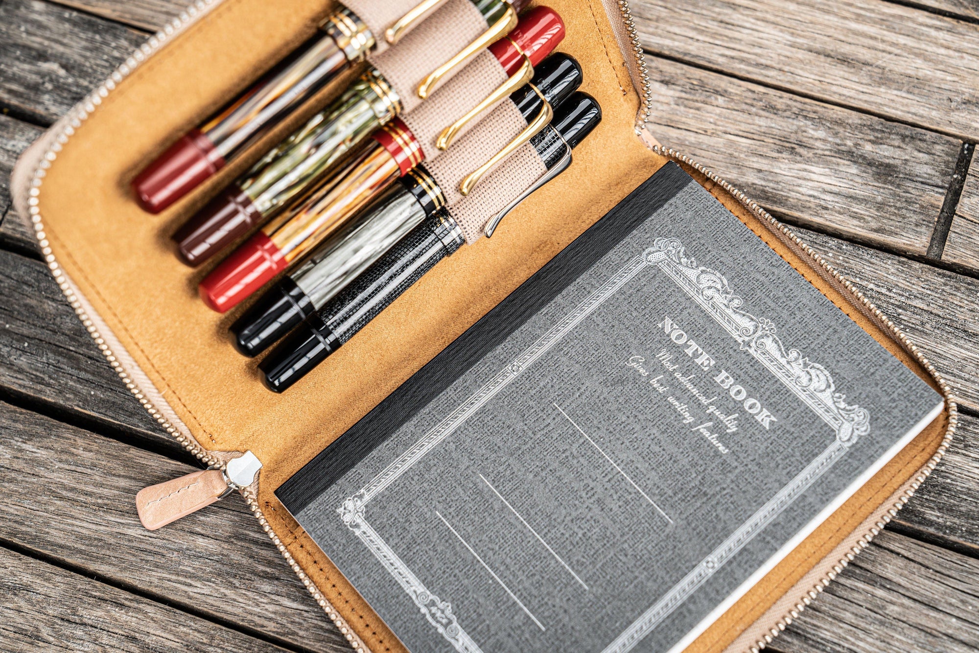 Leather Zippered 5 Slots Pen Case - Undyed Leather