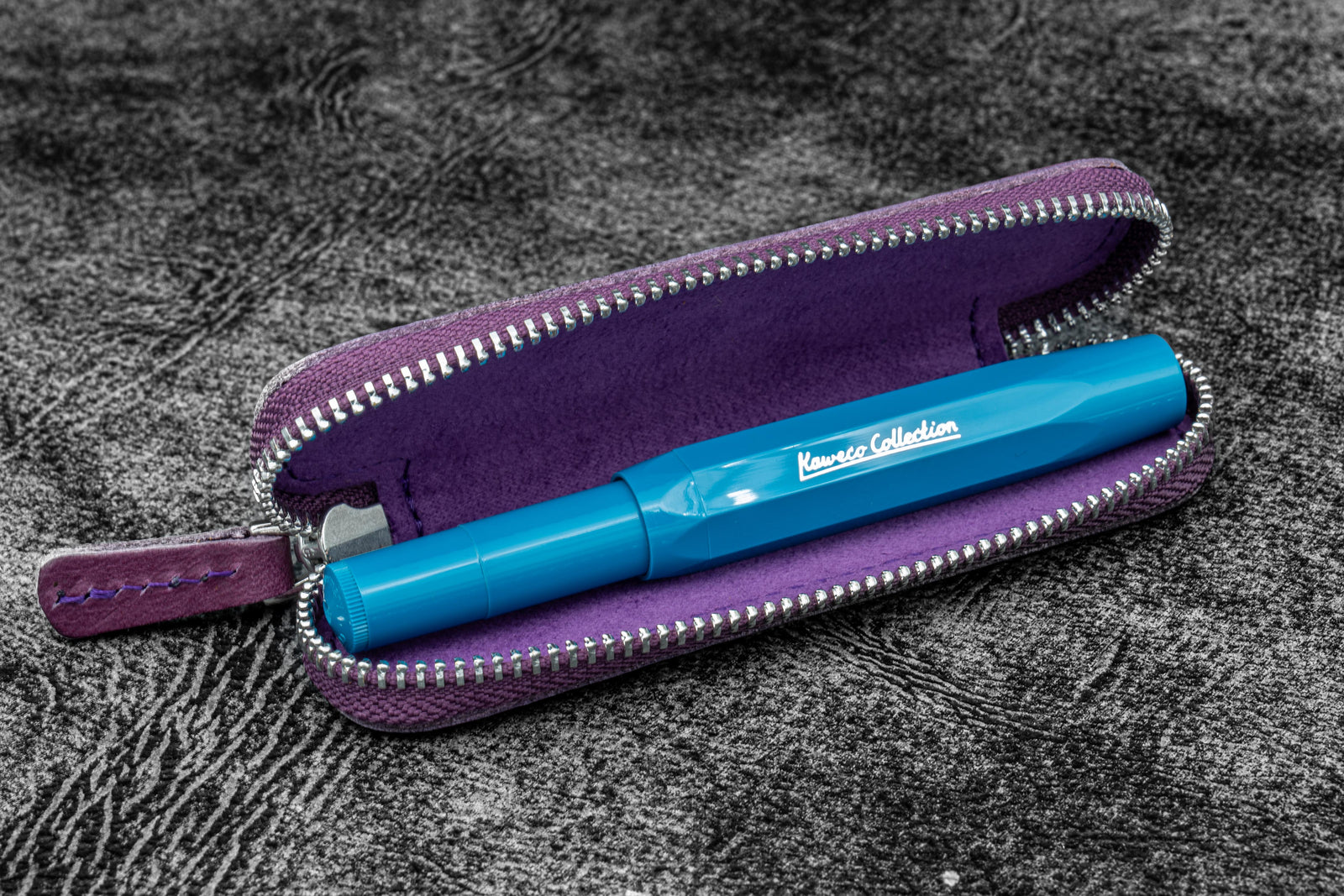 Leather Zippered Single Pen Case for Kaweco - Pocket Pen - Purple-