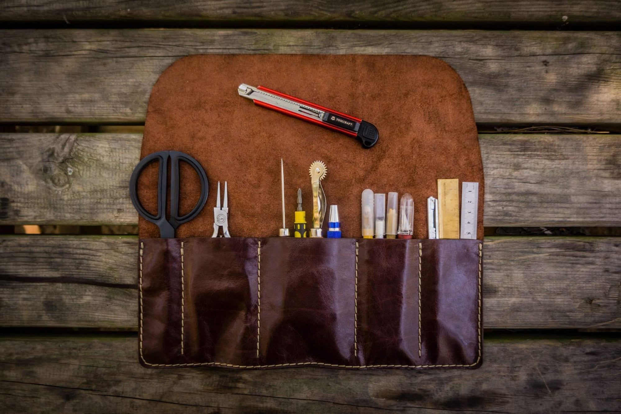 Personalized Leather Pen Roll - Brown