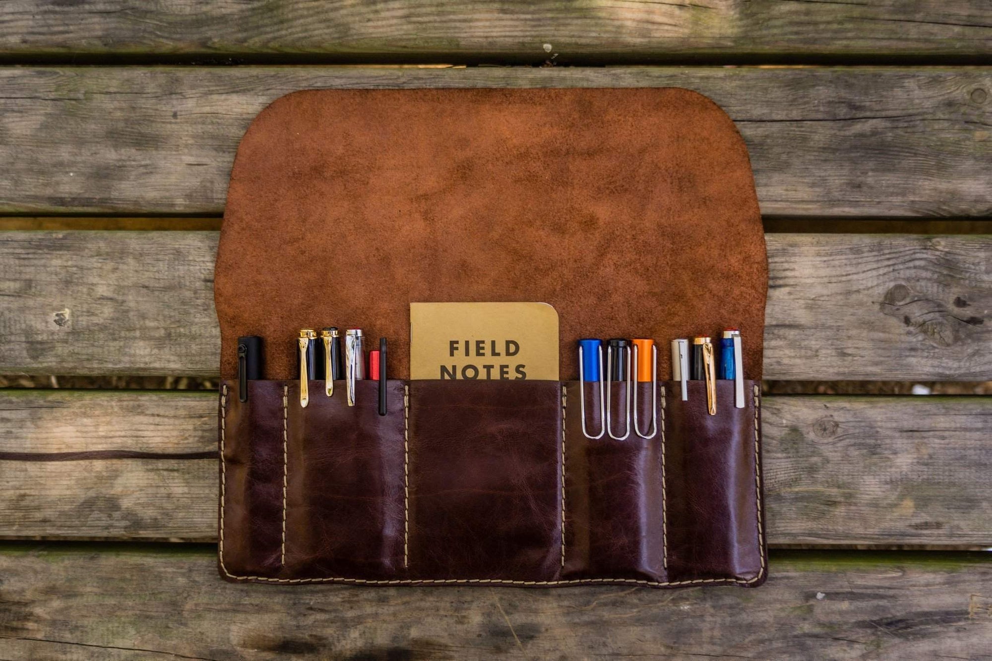 Personalized Leather Pen Roll - Brown
